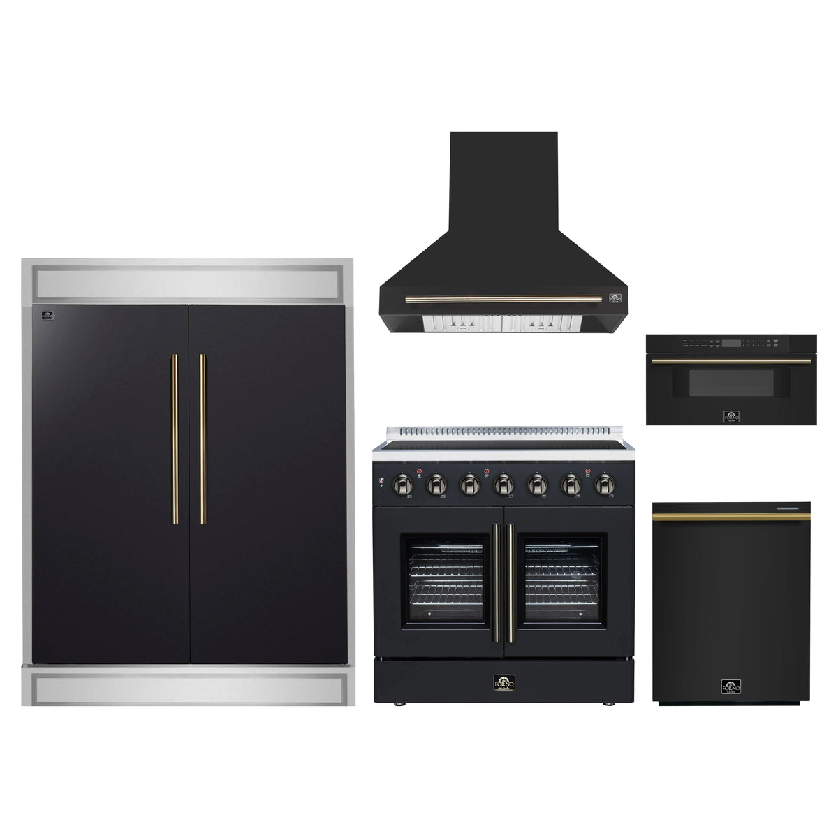 Forno 5-Piece Appliance Package - 36-Inch Galiano French Door Electric Range, Wall Mount Range Hood, 60-Inch Refrigerator, Dishwasher, and 30-Inch Microwave Drawer in Black with Antique Brass Trim