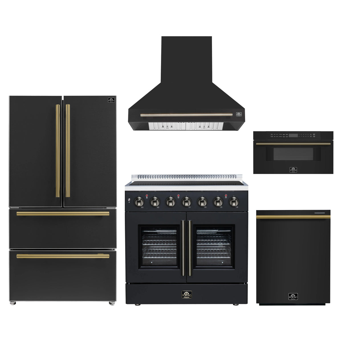 Forno 5-Piece Appliance Package - 36-Inch Galiano French Door Electric Range, Wall Mount Range Hood, 36-Inch Refrigerator, Dishwasher, and 30-Inch Microwave Drawer in Black with Antique Brass Trim