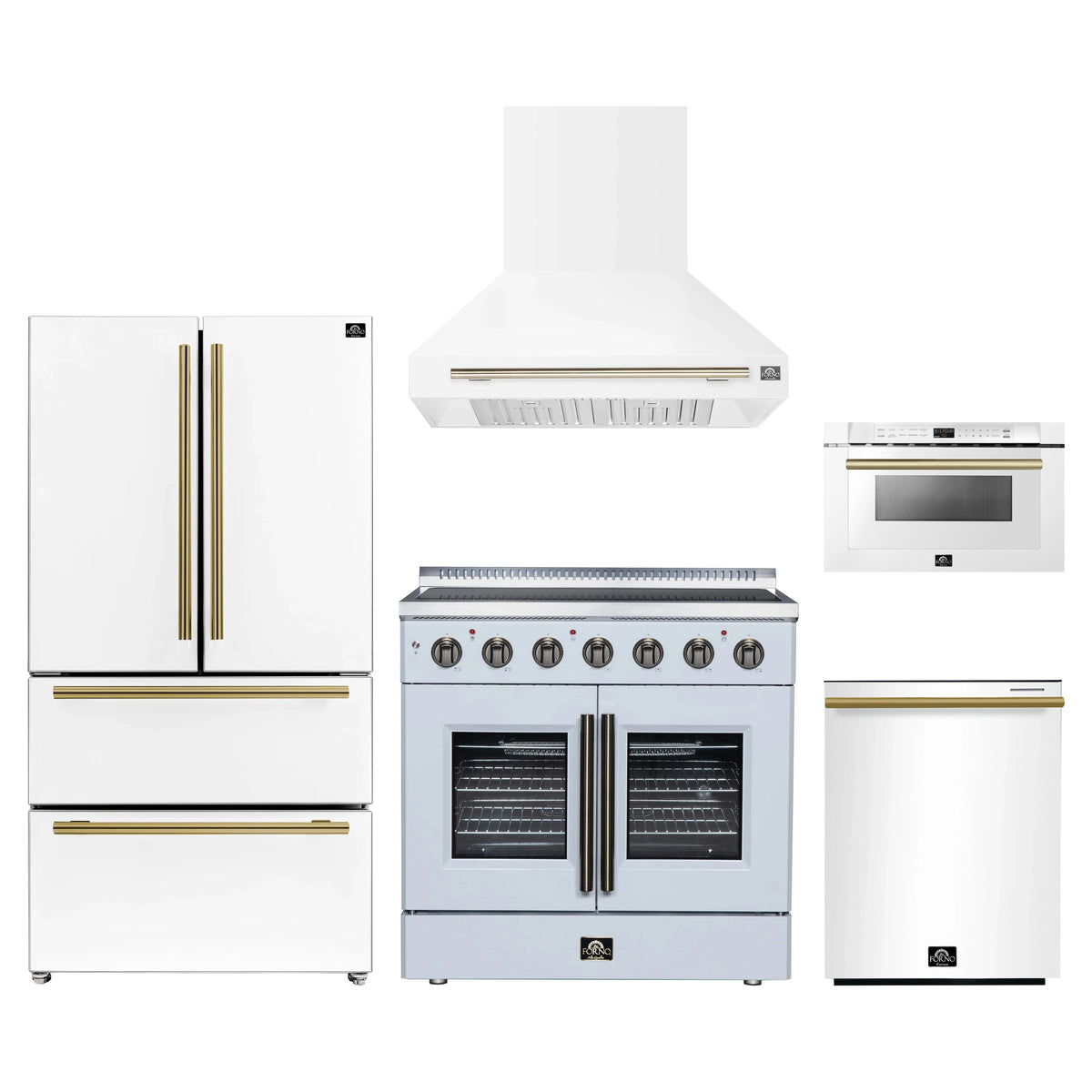 Forno 5-Piece Appliance Package - 36-Inch Galiano French Door Electric Range, Wall Mount Range Hood, 36-Inch Refrigerator, Dishwasher, and 24-Inch Microwave Drawer in White with Antique Brass Trim