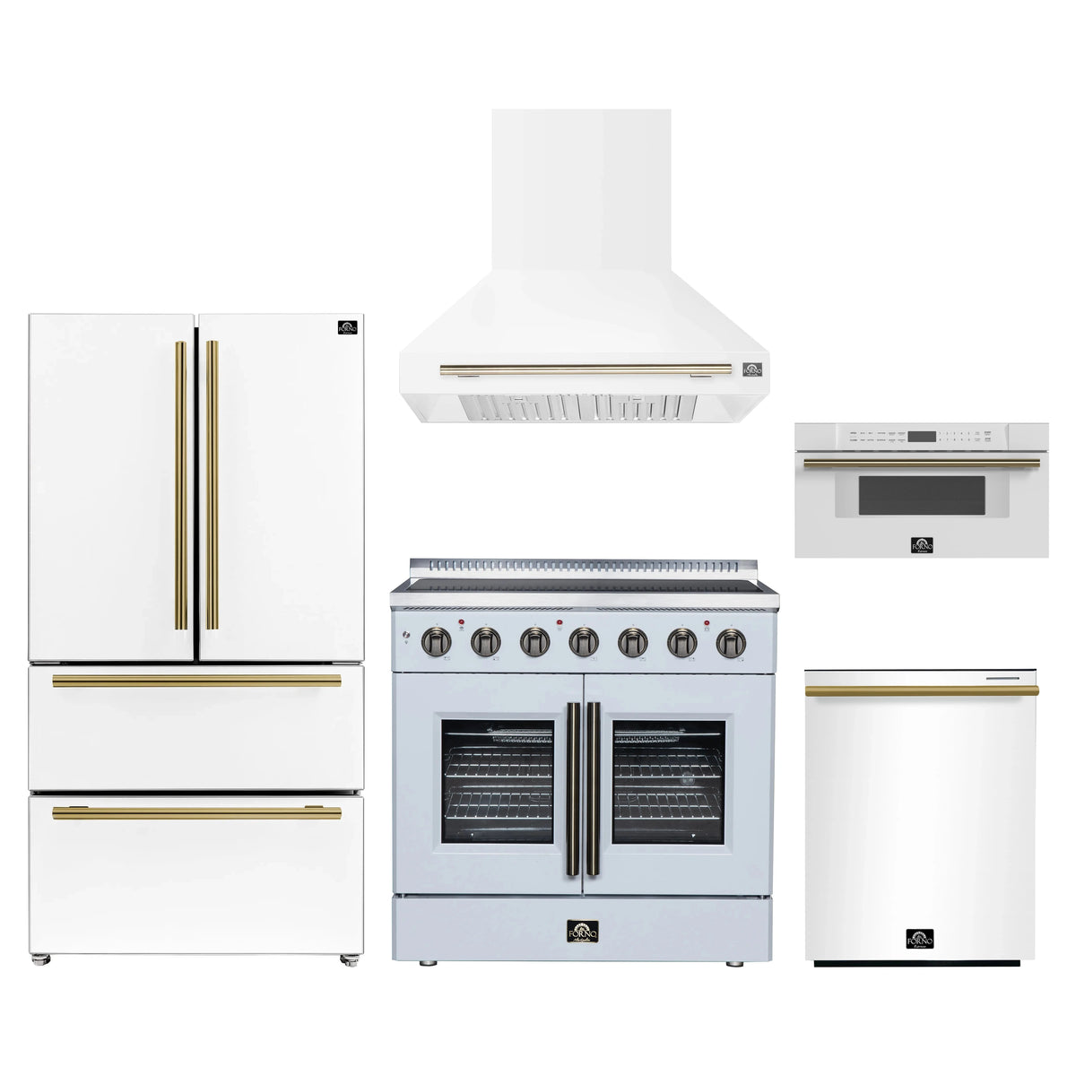 Forno 5-Piece Appliance Package - 36-Inch Galiano French Door Electric Range, Wall Mount Range Hood, 36-Inch Refrigerator, Dishwasher, and 30-Inch Microwave Drawer in White with Antique Brass Trim