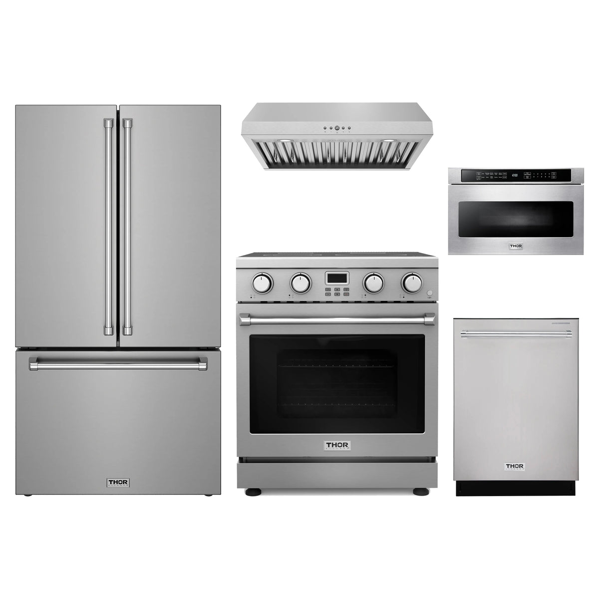 Thor Kitchen 5-Piece Appliance Package - 30-Inch Electric Range, Counter-Depth Refrigerator, Under Cabinet Hood, Dishwasher, & Microwave Drawer in Stainless Steel