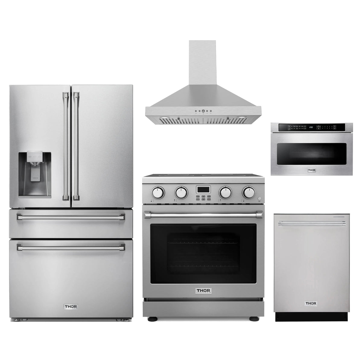 Thor Kitchen 5-Piece Appliance Package - 30-Inch Electric Range, Refrigerator with Water Dispenser, Wall Mount Hood, Dishwasher, & Microwave Drawer in Stainless Steel
