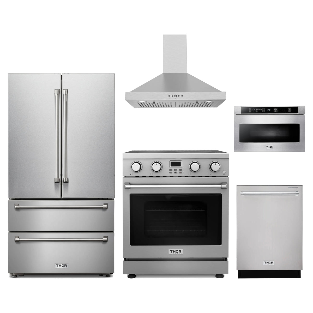 Thor Kitchen 5-Piece Appliance Package - 30-Inch Electric Range, French Door Refrigerator, Wall Mount Hood, Dishwasher, & Microwave Drawer in Stainless Steel