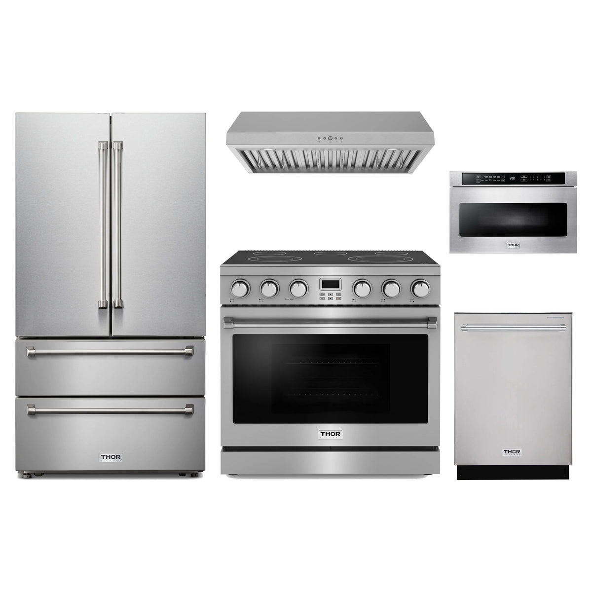 Thor Kitchen 5-Piece Appliance Package - 36-Inch Electric Range, French Door Refrigerator, Under Cabinet Hood, Dishwasher, & Microwave Drawer in Stainless Steel