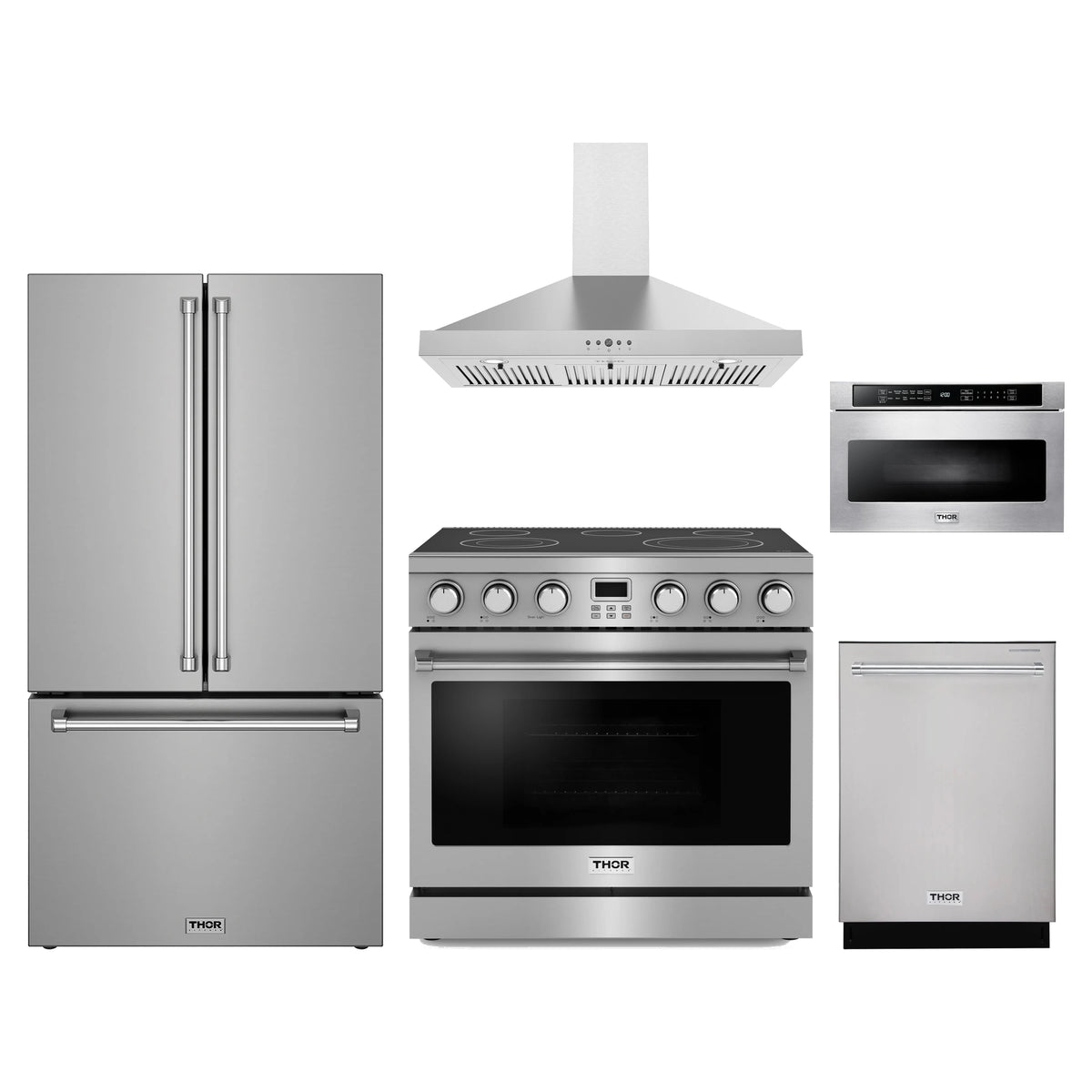 Thor Kitchen 5-Piece Appliance Package - 36-Inch Electric Range, Counter-Depth Refrigerator, Wall Mount Hood, Dishwasher, & Microwave Drawer in Stainless Steel