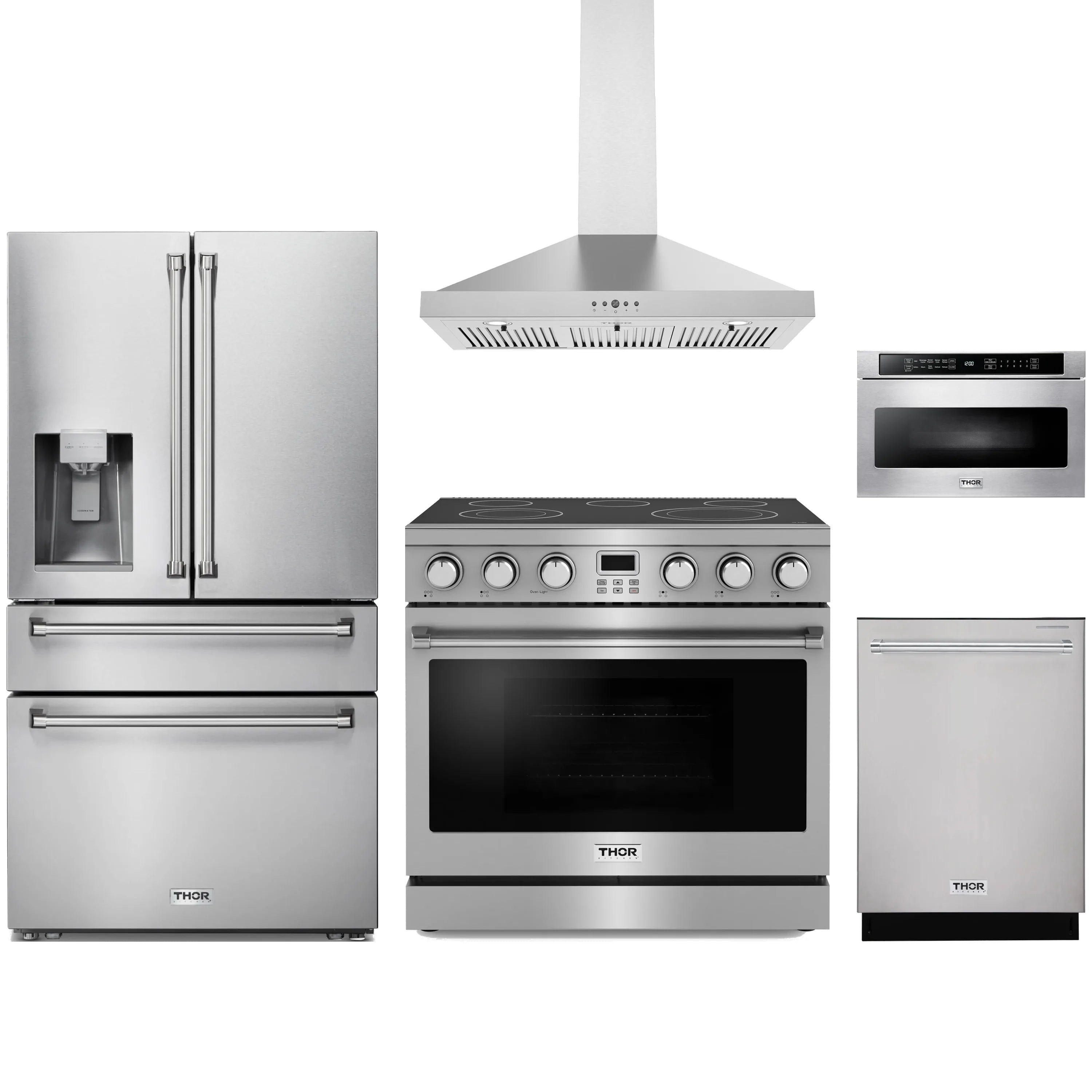Stainless steel Thor Kitchen appliance package with 36-inch electric range, range hood, refrigerator with water dispenser, dishwasher, microwave drawer
