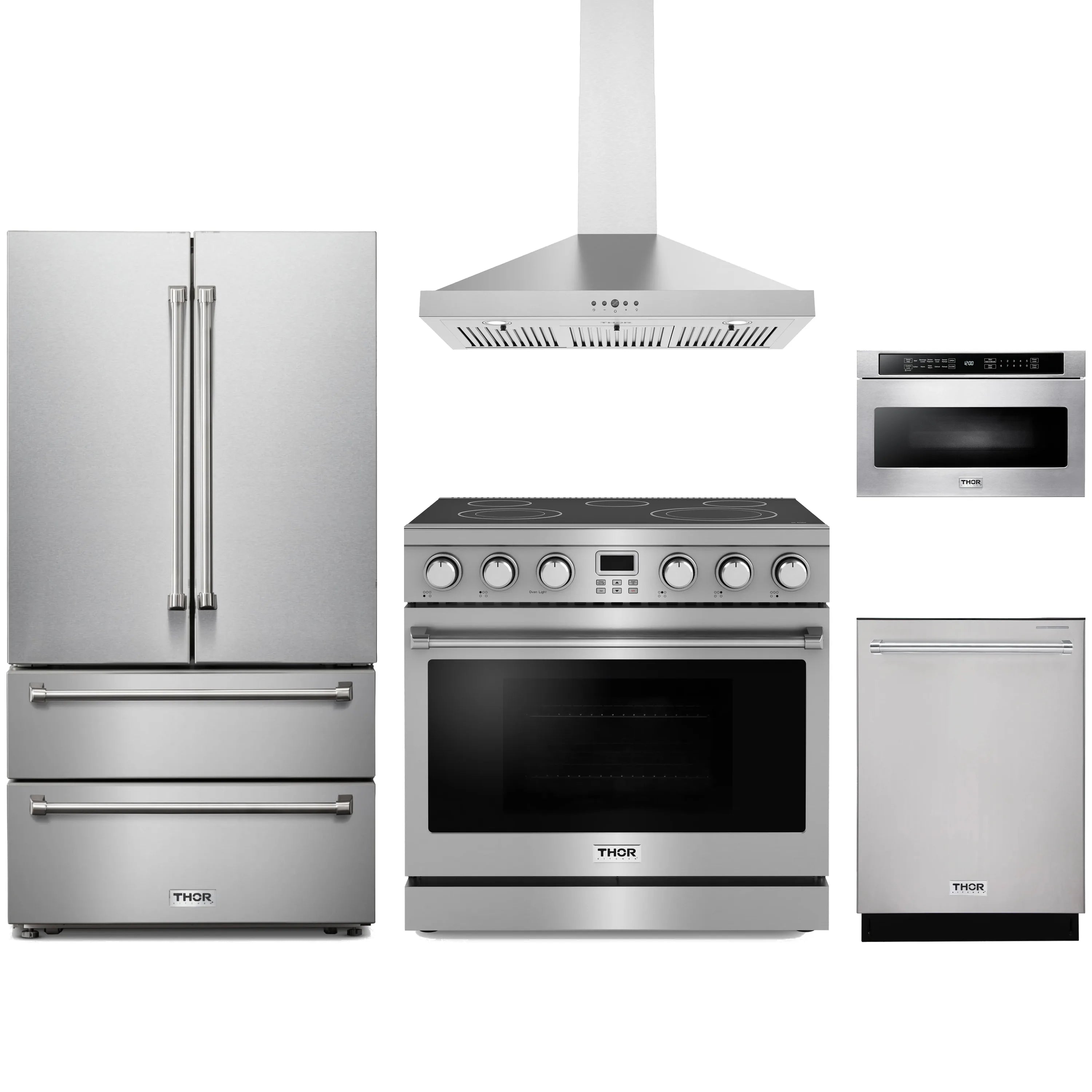 Stainless steel Thor Kitchen appliance package with 36-inch electric range, range hood, french door refrigerator, dishwasher, microwave drawer
