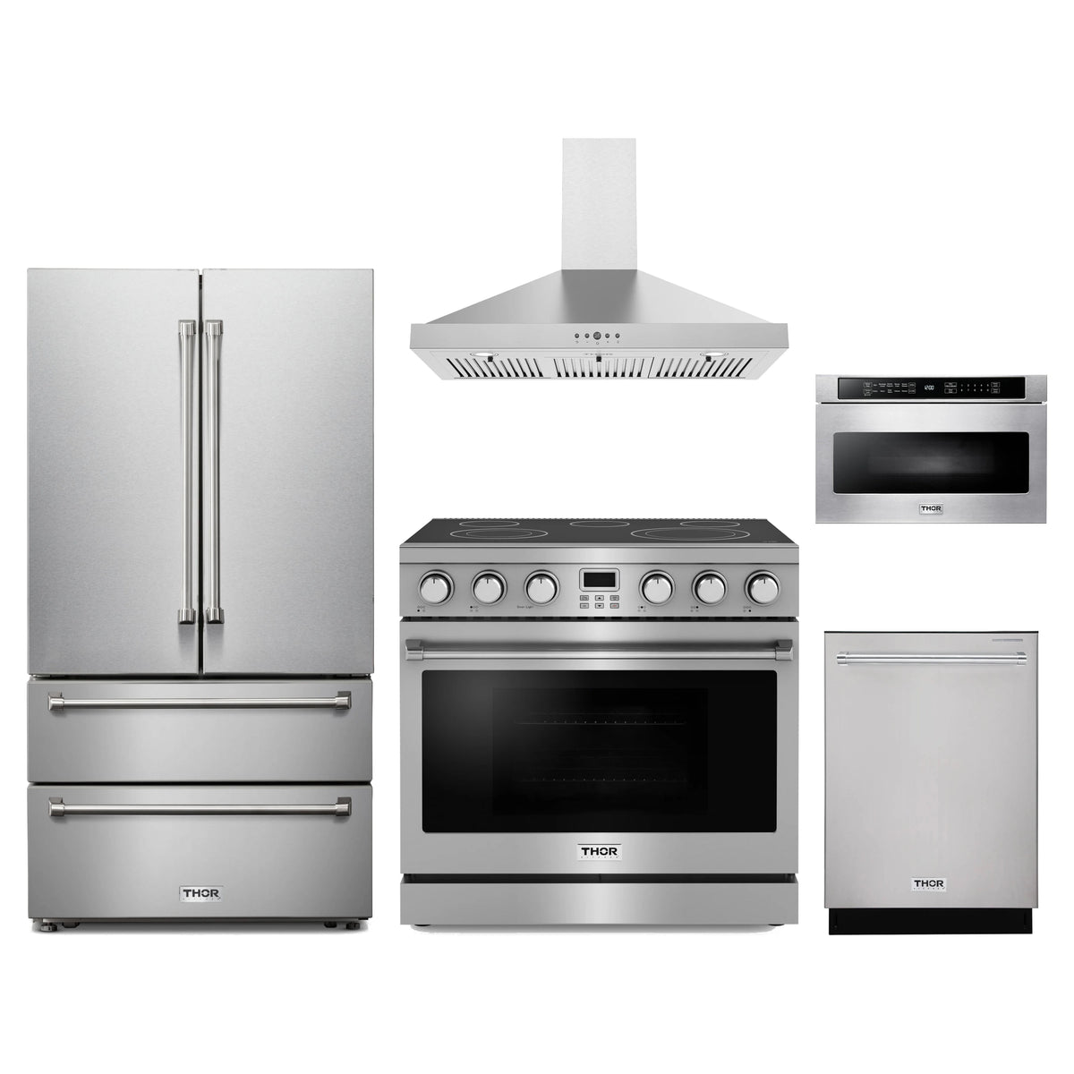 Thor Kitchen 5-Piece Appliance Package - 36-Inch Electric Range, French Door Refrigerator, Wall Mount Hood, Dishwasher, & Microwave Drawer in Stainless Steel