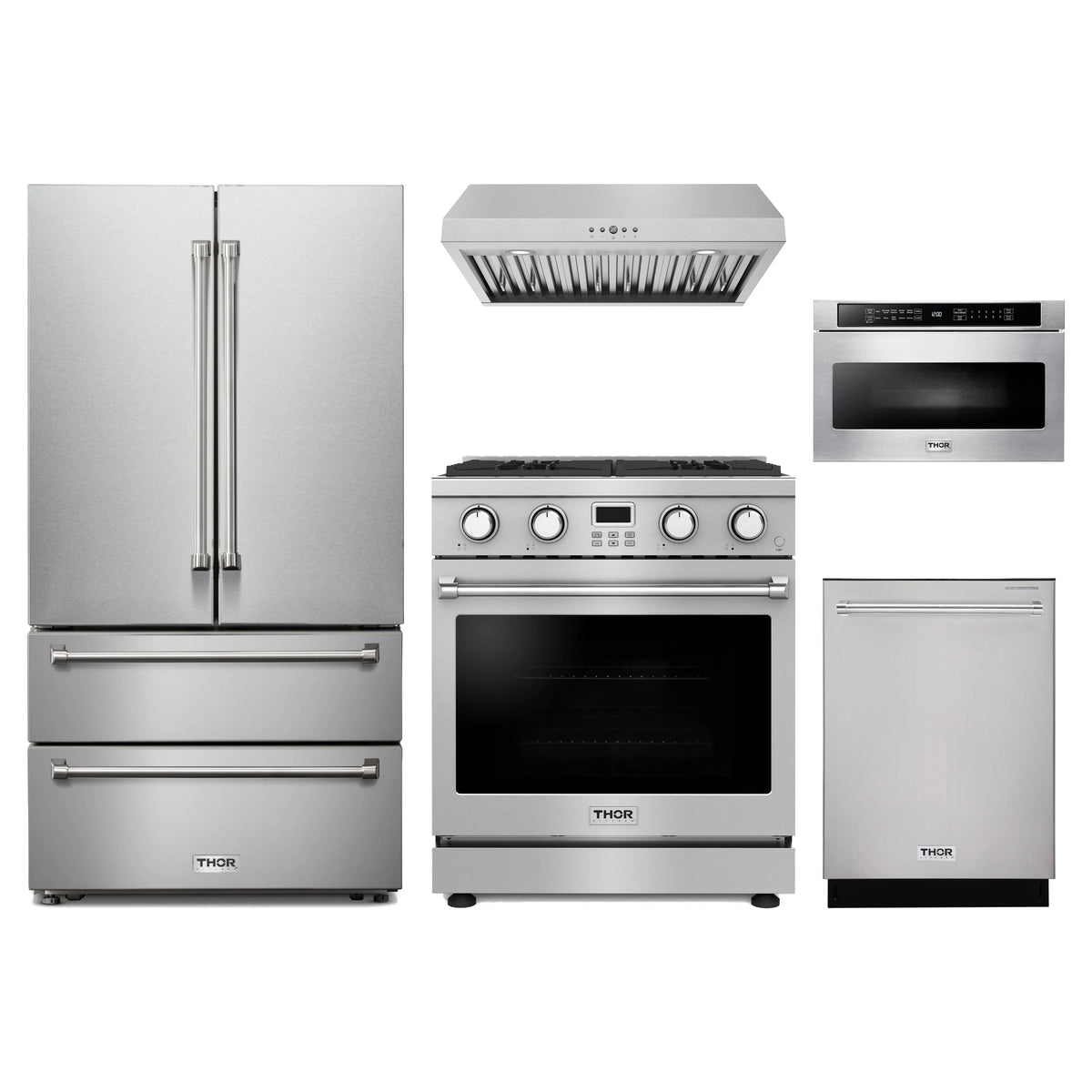 Thor Kitchen 5-Piece Appliance Package - 30-Inch Propane Gas Range, French Door Refrigerator, Under Cabinet Hood, Dishwasher, & Microwave Drawer in Stainless Steel