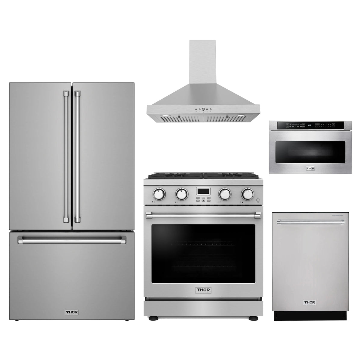 Thor Kitchen 5-Piece Appliance Package - 30-Inch Propane Gas Range, Counter-Depth Refrigerator, Wall Mount Hood, Dishwasher, & Microwave Drawer in Stainless Steel