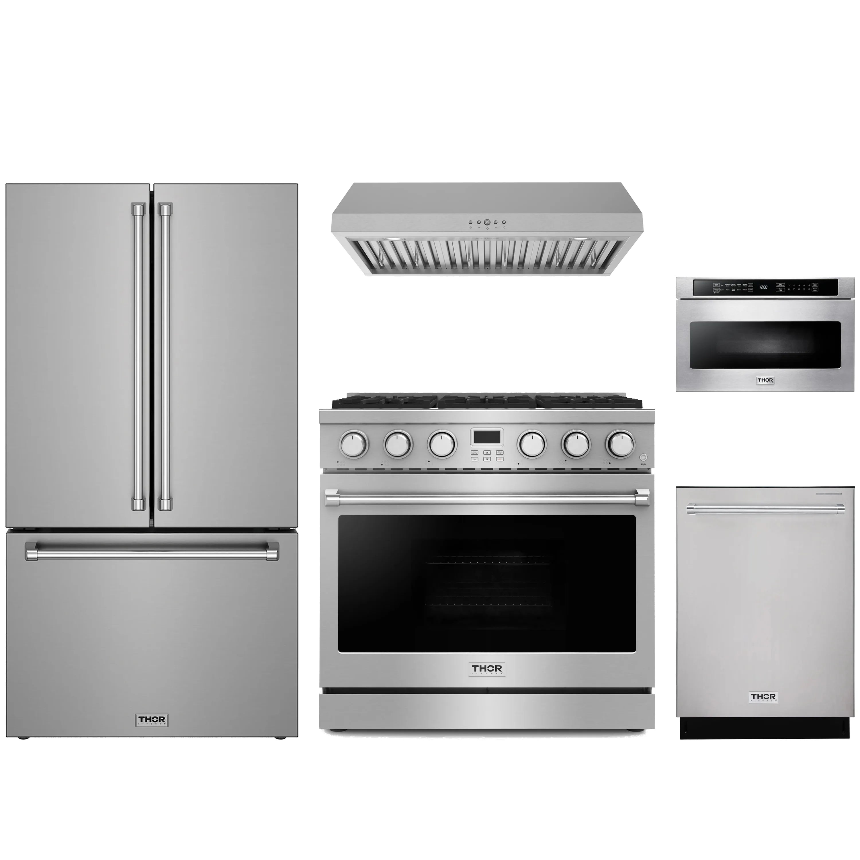 Stainless steel appliance package with counter-depth refrigerator, gas range, and hood