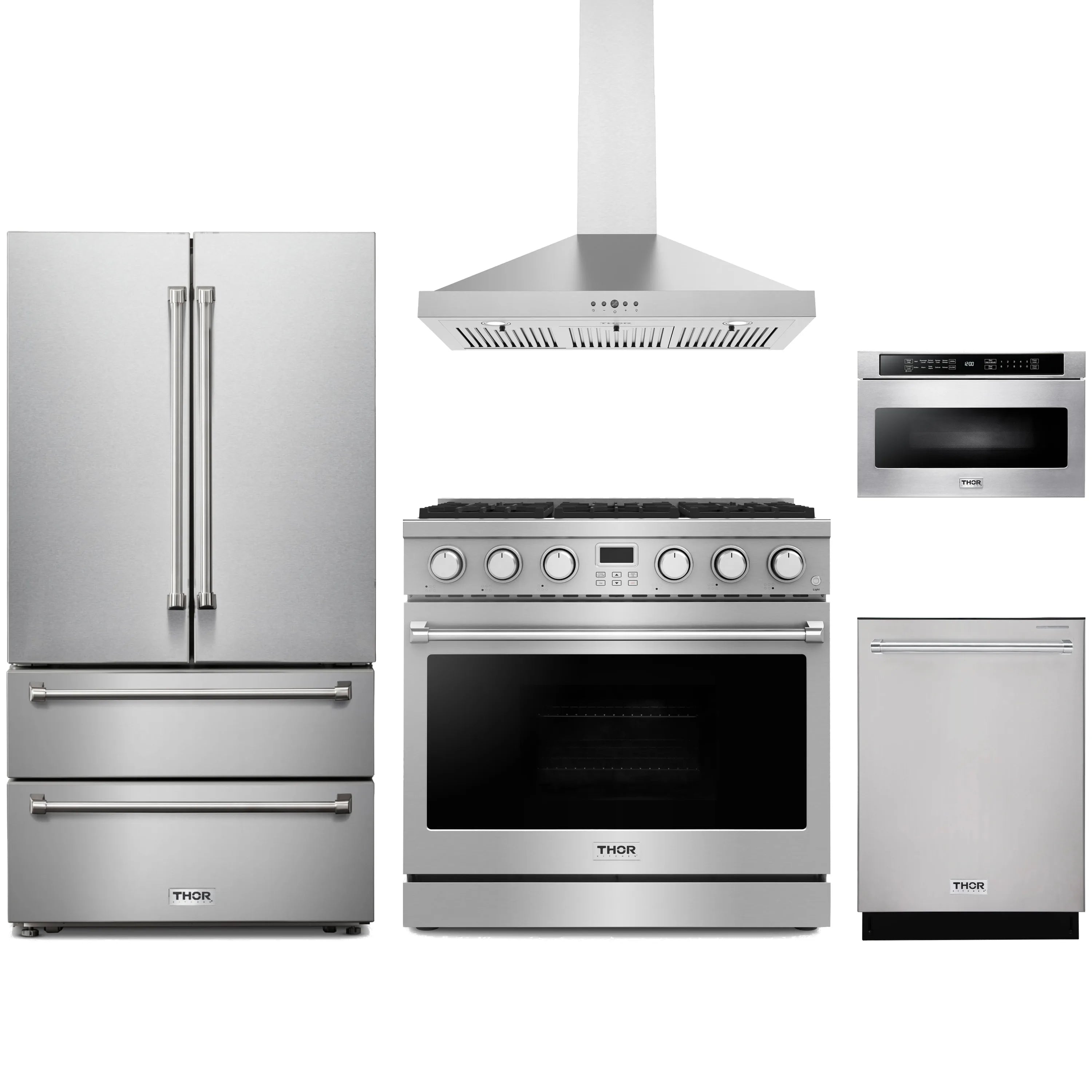 Stainless steel Thor Kitchen appliance package with 36-inch range, range hood, french door refrigerator, dishwasher, microwave drawer