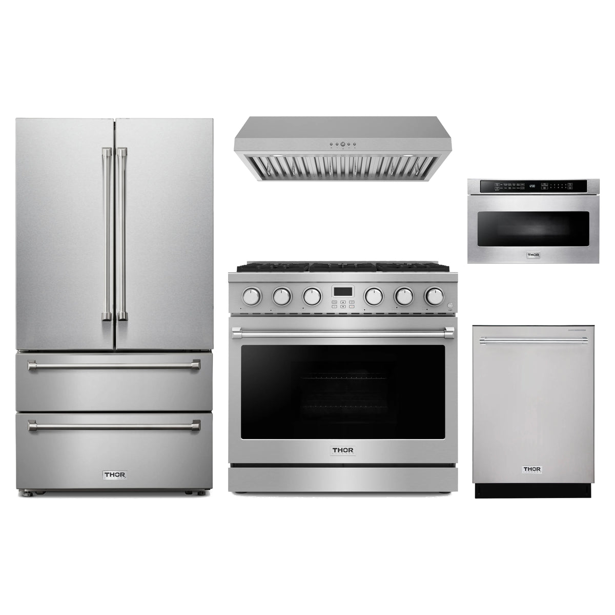Thor Kitchen 5-Piece Appliance Package - 36-Inch Propane Gas Range, French Door Refrigerator, Under Cabinet Hood, Dishwasher, & Microwave Drawer in Stainless Steel