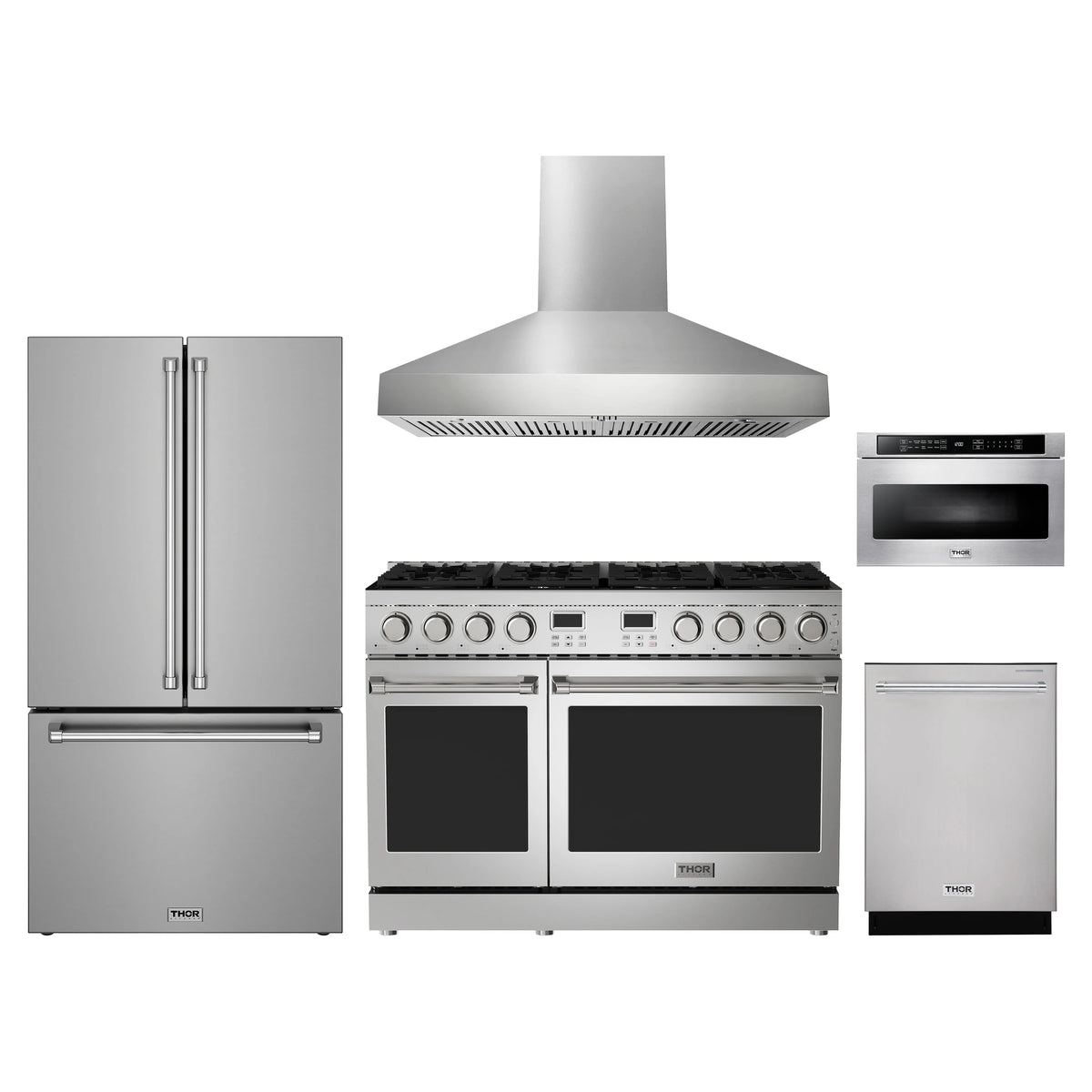 Thor Kitchen 5-Piece Appliance Package - 48-Inch Natural Gas Range, Counter-Depth Refrigerator, Wall Mount Hood, Dishwasher, & Microwave Drawer in Stainless Steel