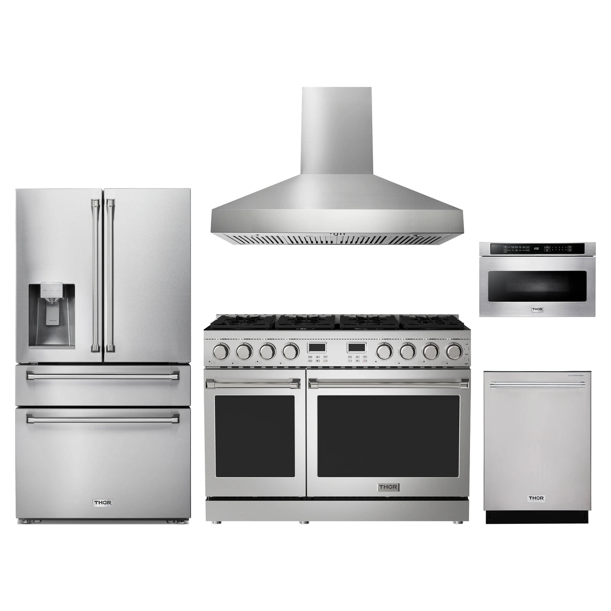Thor Kitchen 5-Piece Appliance Package - 48-Inch Natural Gas Range, Refrigerator with Water Dispenser, Wall Mount Hood, Dishwasher, & Microwave Drawer in Stainless Steel
