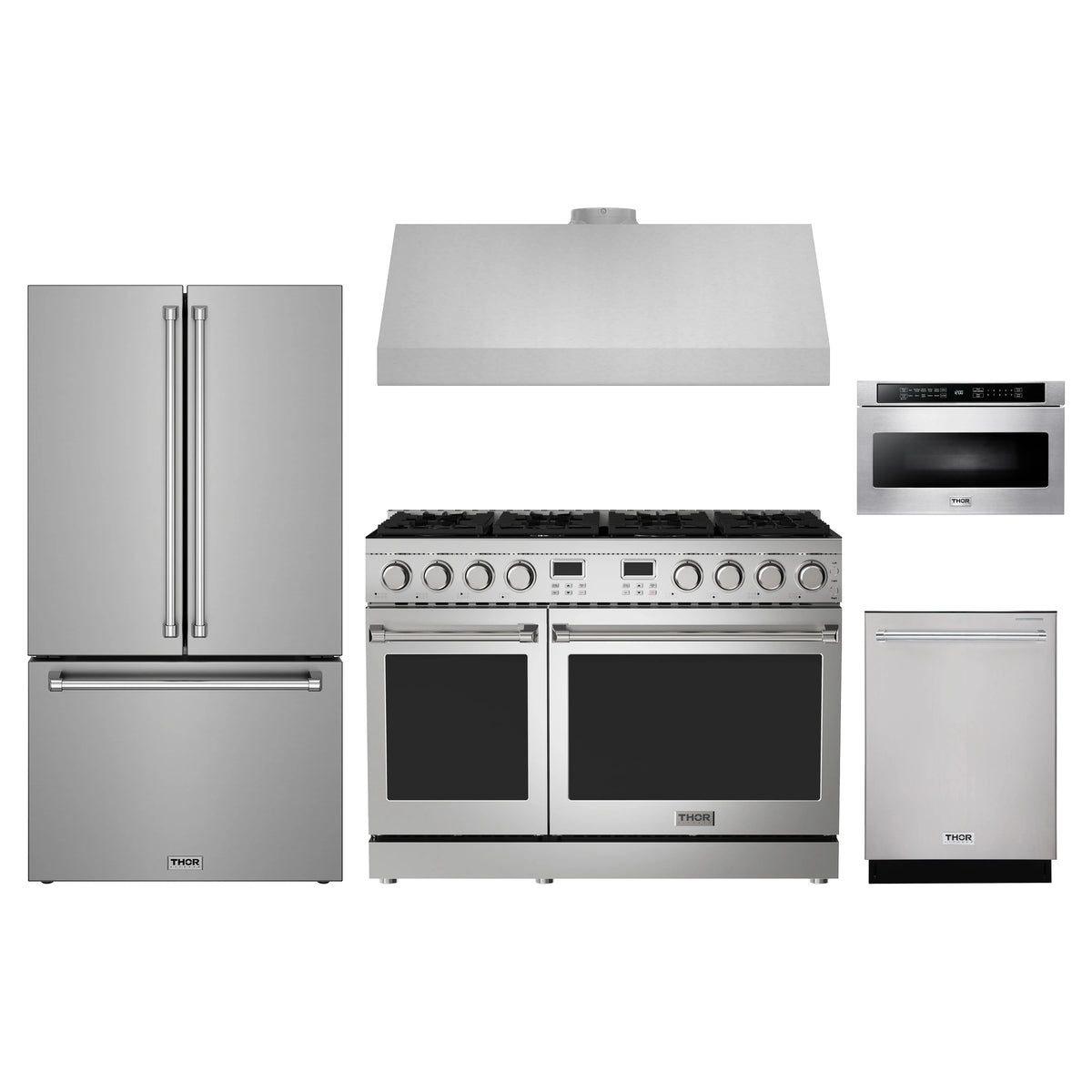 Thor Kitchen 5-Piece Appliance Package - 48-Inch Propane Gas Range, Counter-Depth Refrigerator, Under Cabinet Hood, Dishwasher, & Microwave Drawer in Stainless Steel