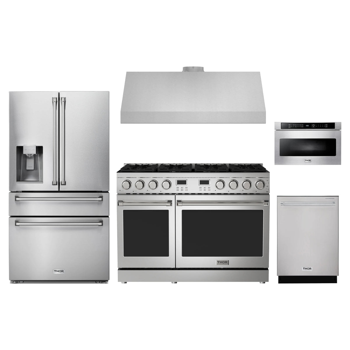 Thor Kitchen 5-Piece Appliance Package - 48-Inch Propane Gas Range, Refrigerator with Water Dispenser, Under Cabinet Hood, Dishwasher, & Microwave Drawer in Stainless Steel