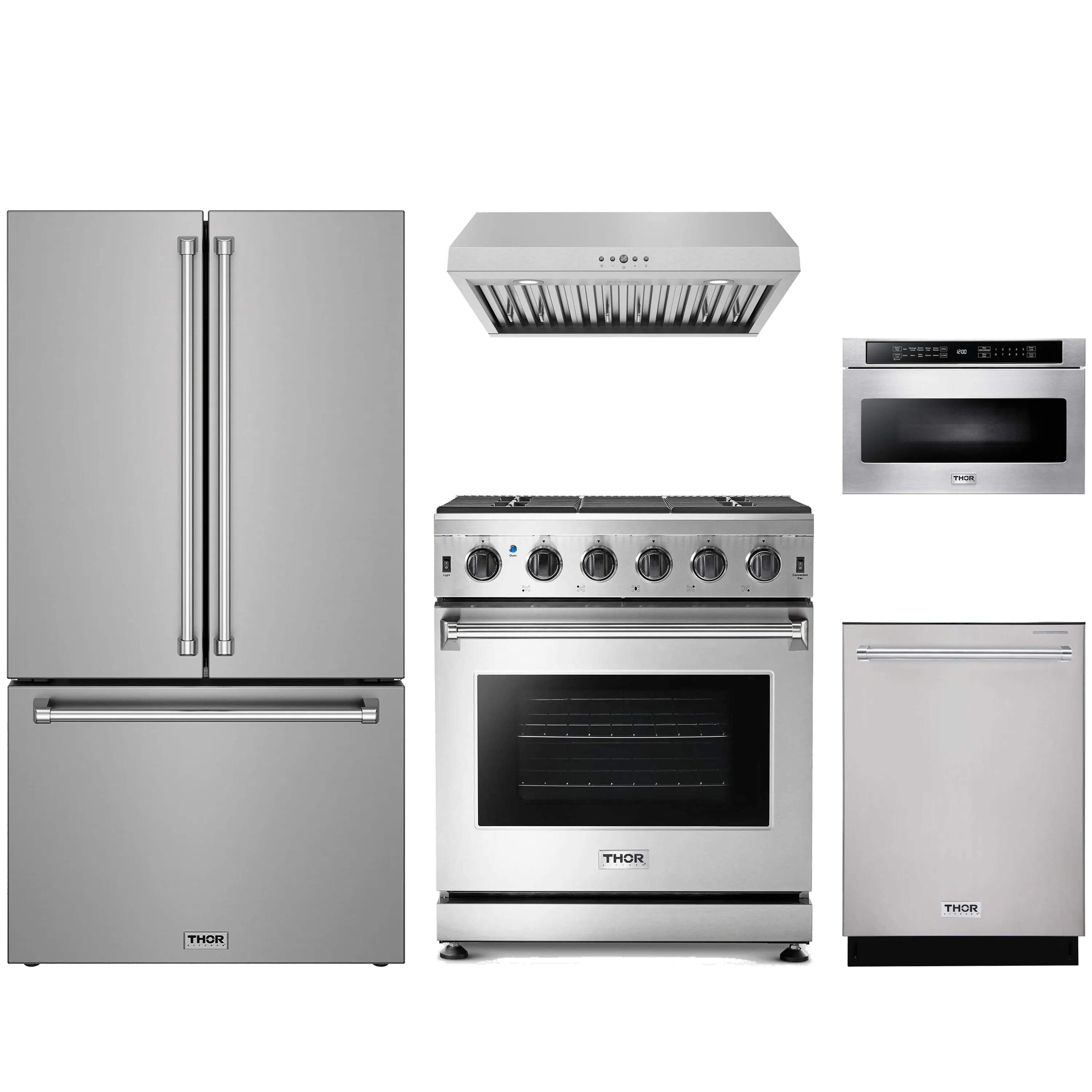 Thor appliance package: stainless steel gas range, fridge, hood, dishwasher, drawer