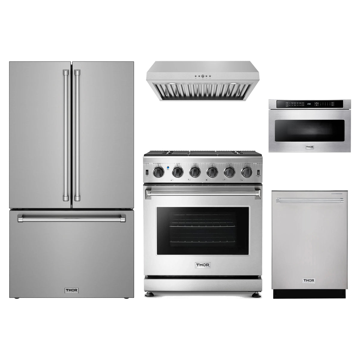 Thor Kitchen 5-Piece Appliance Package - 30-Inch Natural Gas Range, Counter-Depth Refrigerator, Under Cabinet Hood, Dishwasher, & Microwave Drawer in Stainless Steel