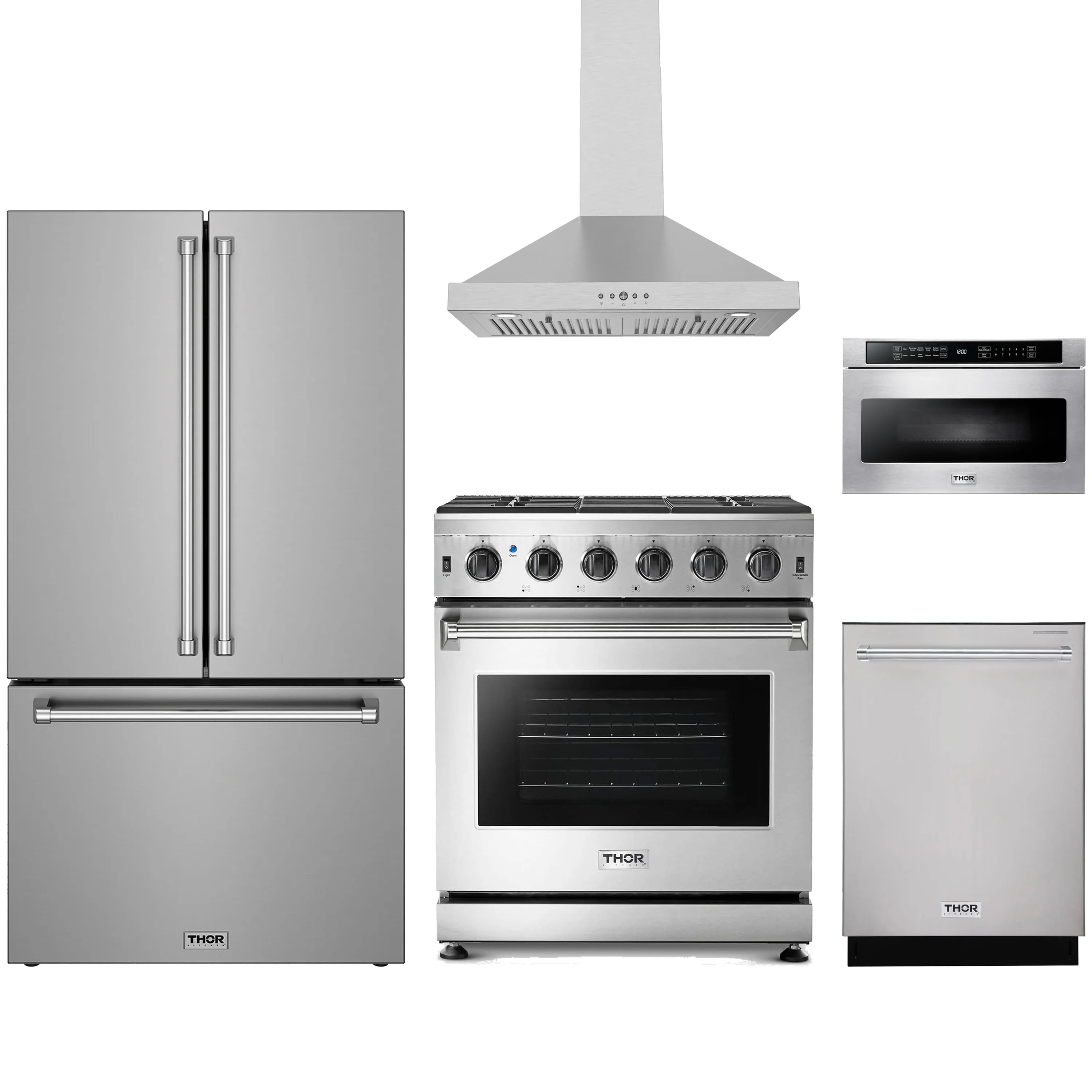Stainless steel 5-piece kitchen appliance set with gas range, refrigerator, and hood