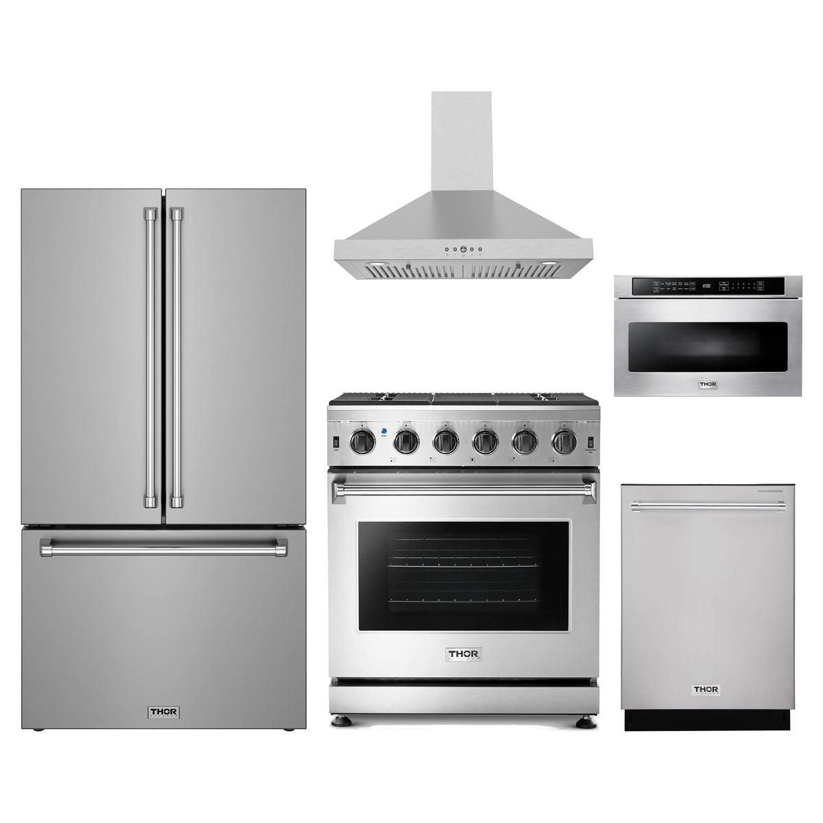 Thor Kitchen 5-Piece Appliance Package - 30-Inch Natural Gas Range, Counter-Depth Refrigerator, Wall Mount Hood, Dishwasher, & Microwave Drawer in Stainless Steel