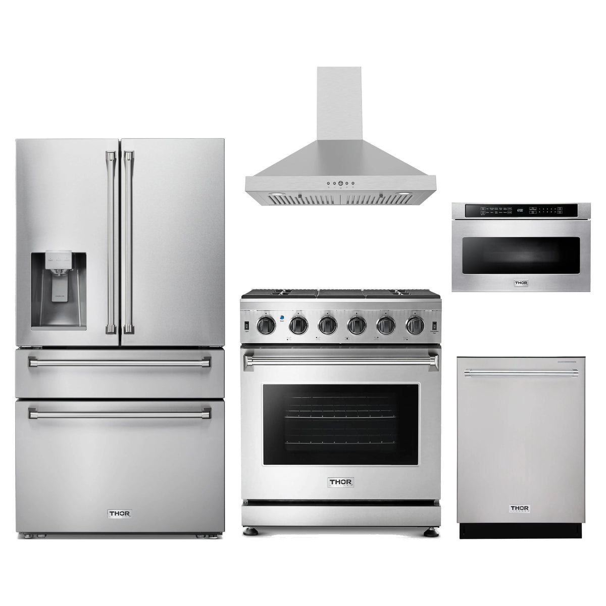 Thor Kitchen 5-Piece Appliance Package - 30-Inch Natural Gas Range, Refrigerator with Water Dispenser, Wall Mount Hood, Dishwasher, & Microwave Drawer in Stainless Steel