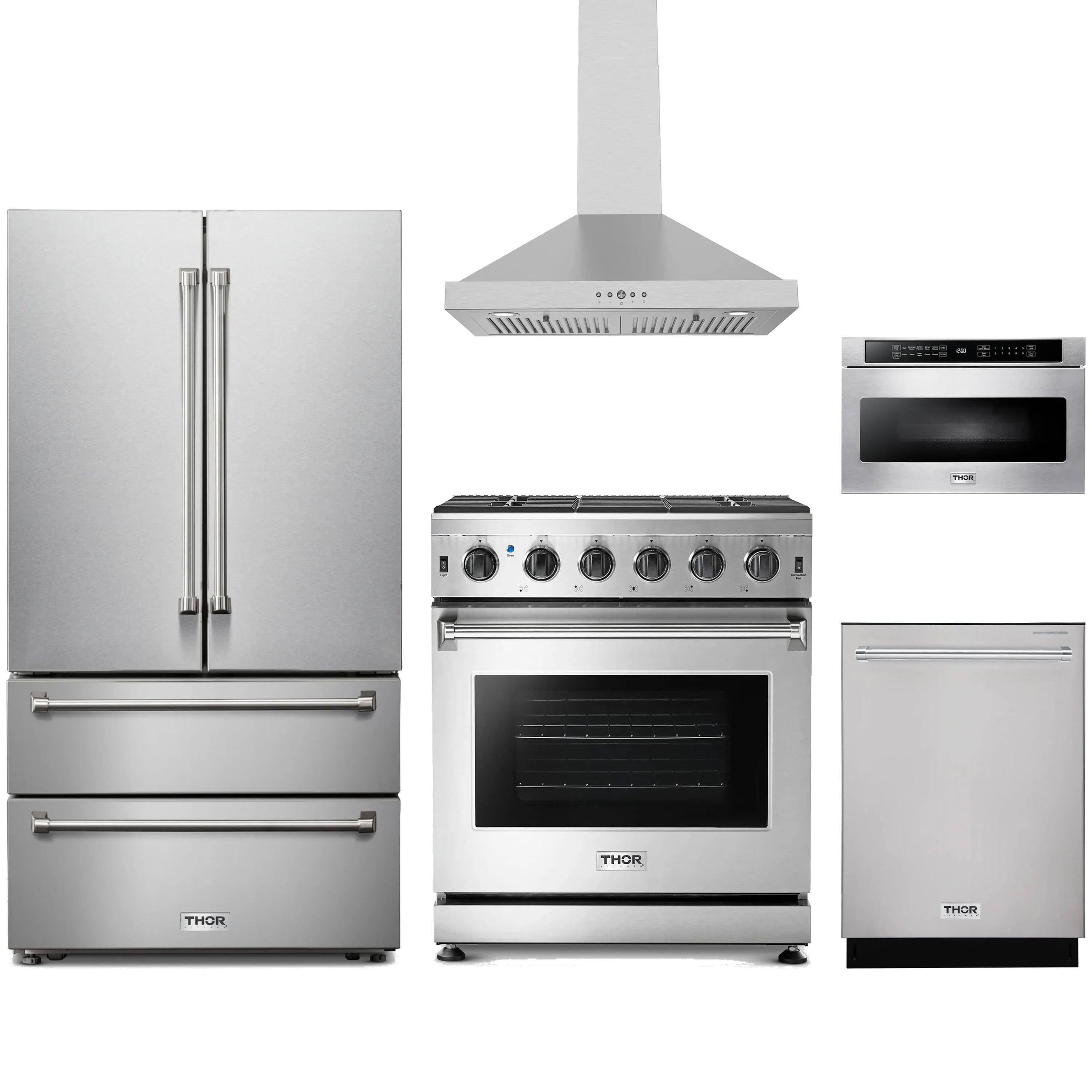 Stainless steel Thor Kitchen appliance package with 30-inch range, range hood, french door refrigerator, dishwasher, microwave drawer