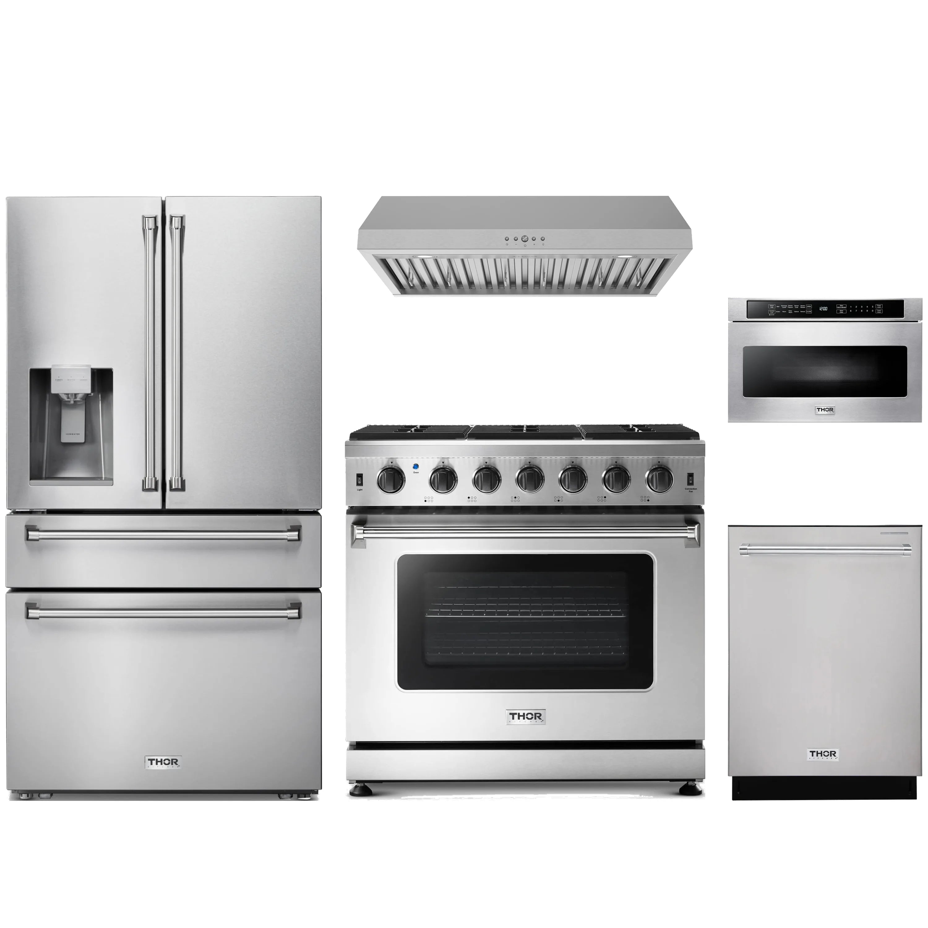 Stainless steel Thor Kitchen appliance package with 36-inch range, range hood, refrigerator with water dispenser, dishwasher, microwave drawer