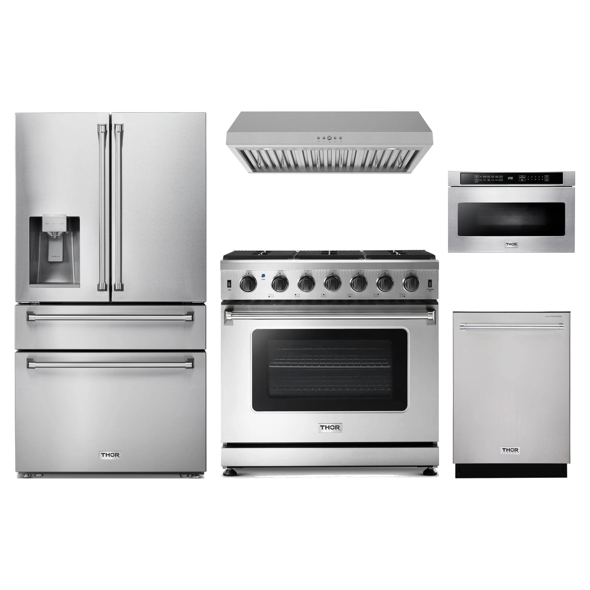 Thor Kitchen 5-Piece Appliance Package - 36-Inch Natural Gas Range, Refrigerator with Water Dispenser, Under Cabinet Hood, Dishwasher, & Microwave Drawer in Stainless Steel