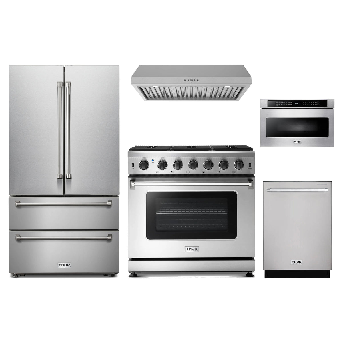 Thor Kitchen 5-Piece Appliance Package - 36-Inch Natural Gas Range, French Door Refrigerator, Under Cabinet Hood, Dishwasher, & Microwave Drawer in Stainless Steel