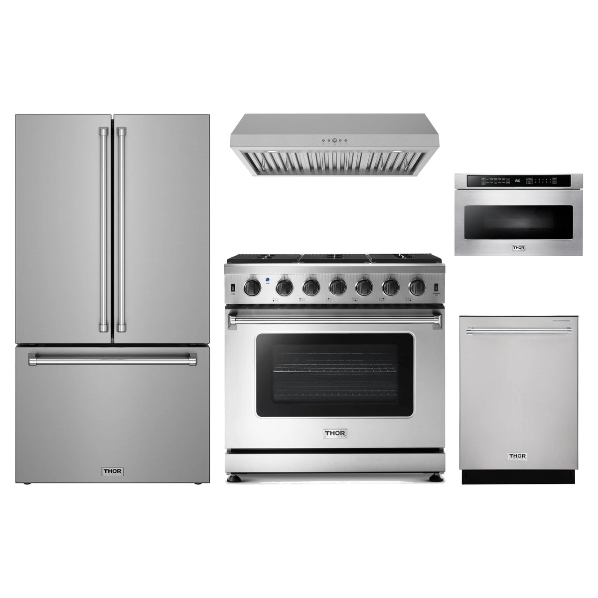 Thor Kitchen 5-Piece Appliance Package - 36-Inch Propane Gas Range, Counter-Depth Refrigerator, Under Cabinet Hood, Dishwasher, & Microwave Drawer in Stainless Steel