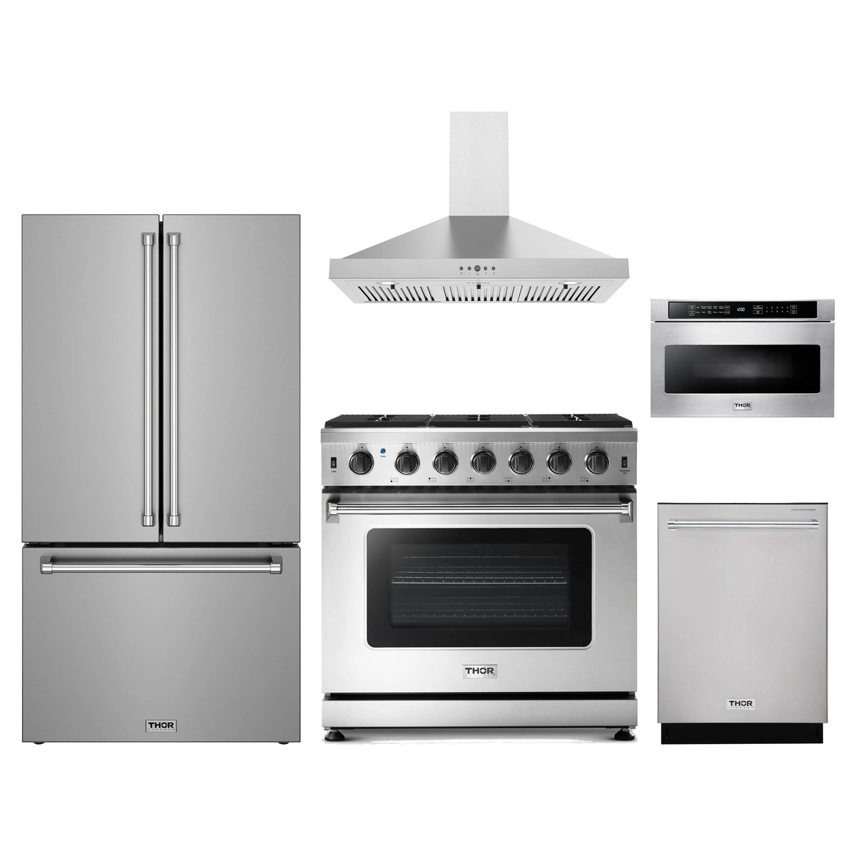 Thor Kitchen 5-Piece Appliance Package - 36-Inch Propane Gas Range, Counter-Depth Refrigerator, Wall Mount Hood, Dishwasher, & Microwave Drawer in Stainless Steel