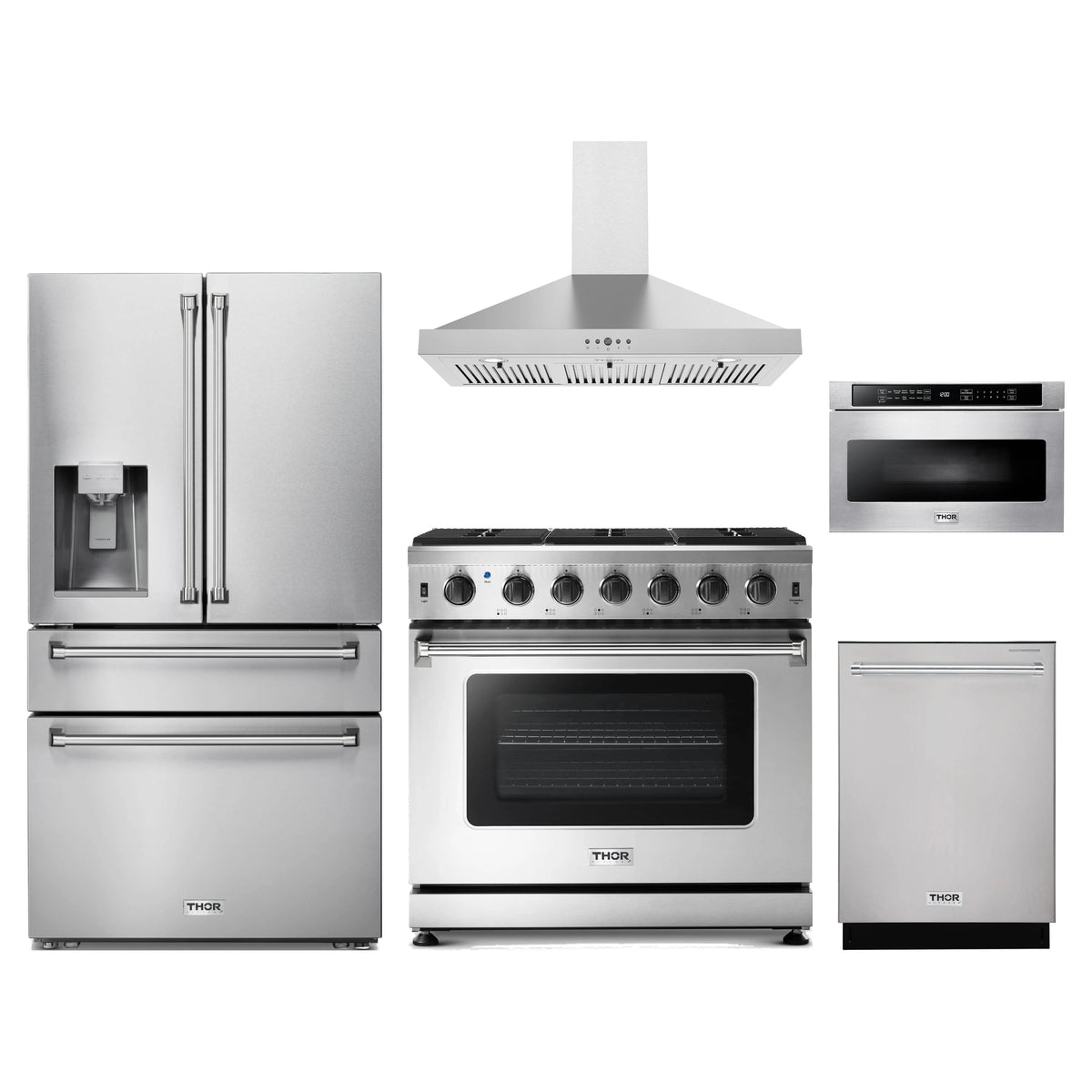 Thor Kitchen 5-Piece Appliance Package - 36-Inch Propane Gas Range, Refrigerator with Water Dispenser, Wall Mount Hood, Dishwasher, & Microwave Drawer in Stainless Steel