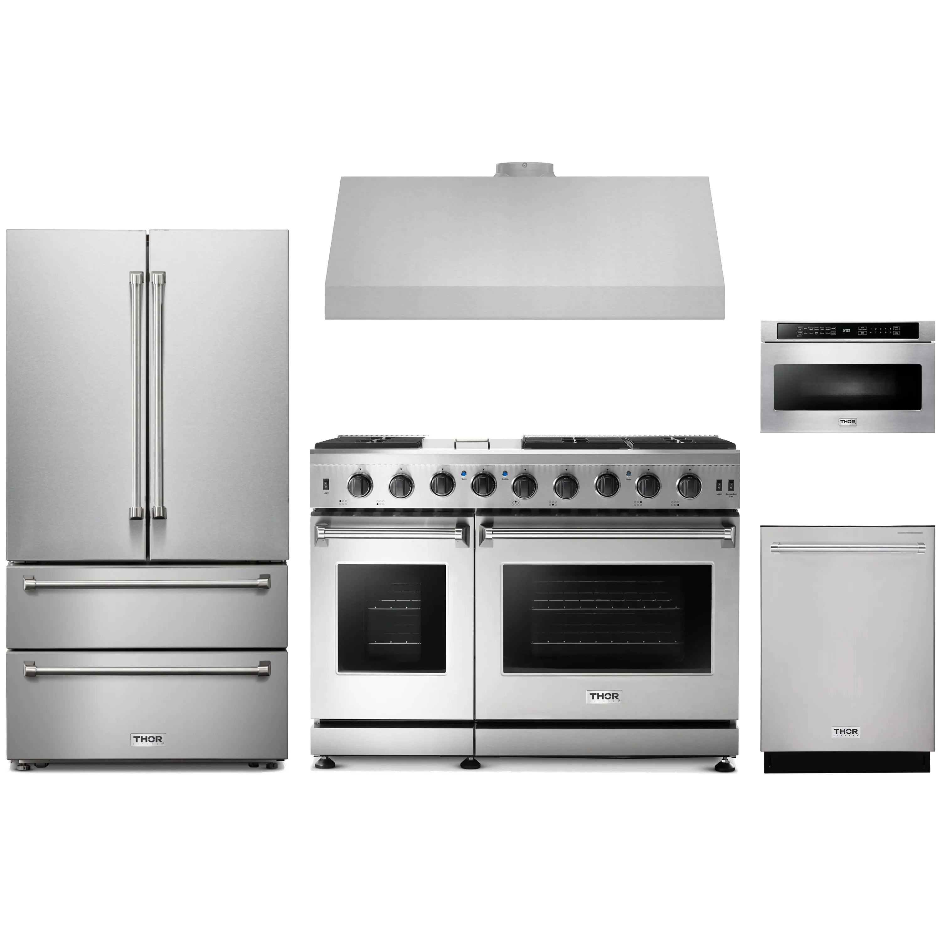 Stainless steel appliance package with gas range, refrigerator, hood, dishwasher, and microwave drawer