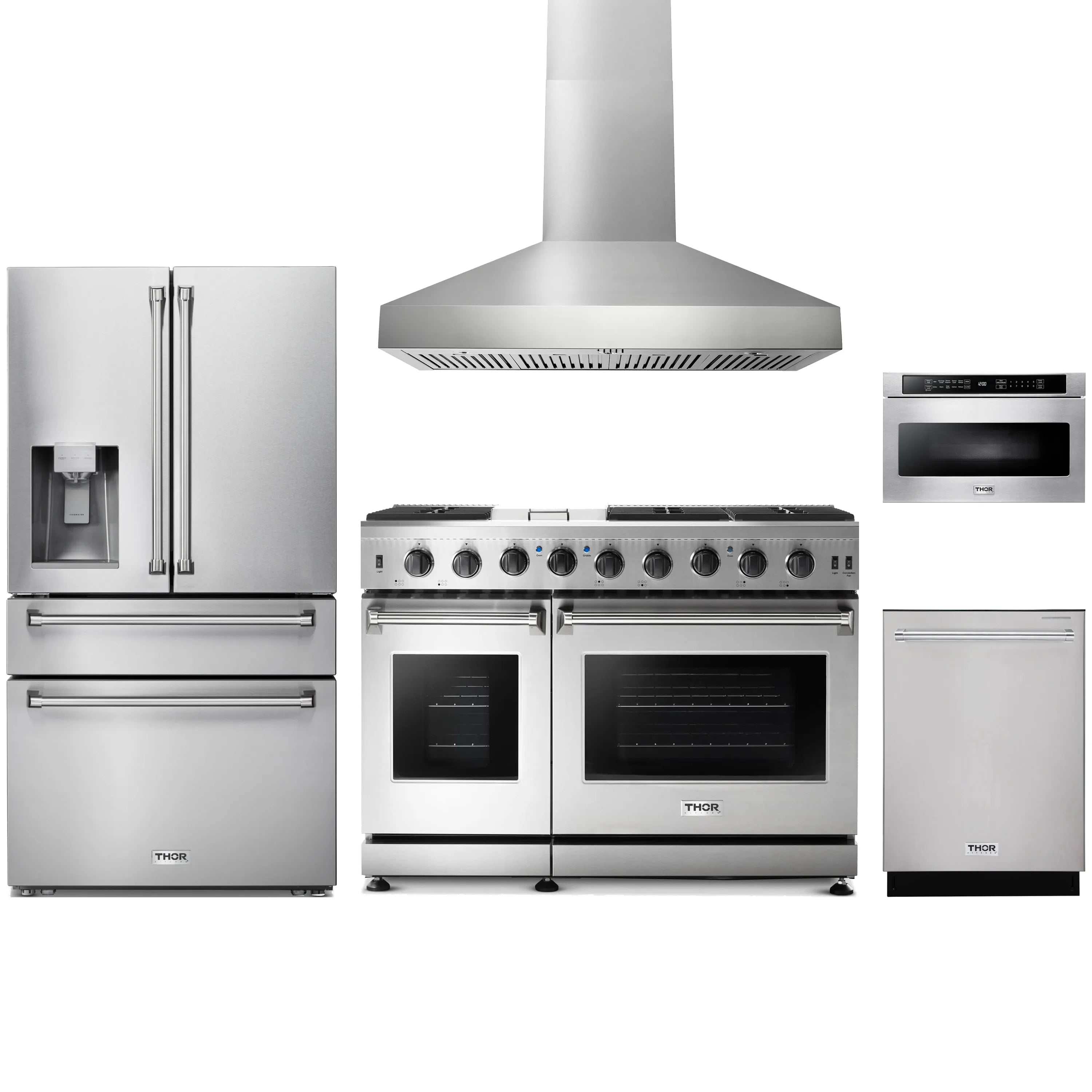 Stainless steel kitchen appliance package with range, hood, dishwasher, and microwave drawers