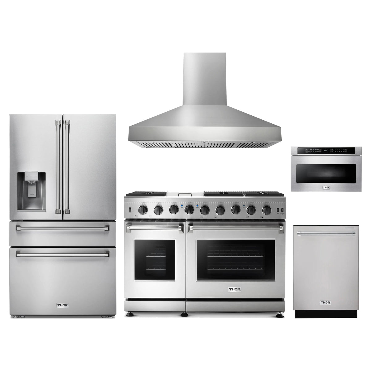 Thor Kitchen 5-Piece Appliance Package - 48-Inch Propane Gas Range, Refrigerator with Water Dispenser, Wall Mount Hood, Dishwasher, & Microwave Drawer in Stainless Steel
