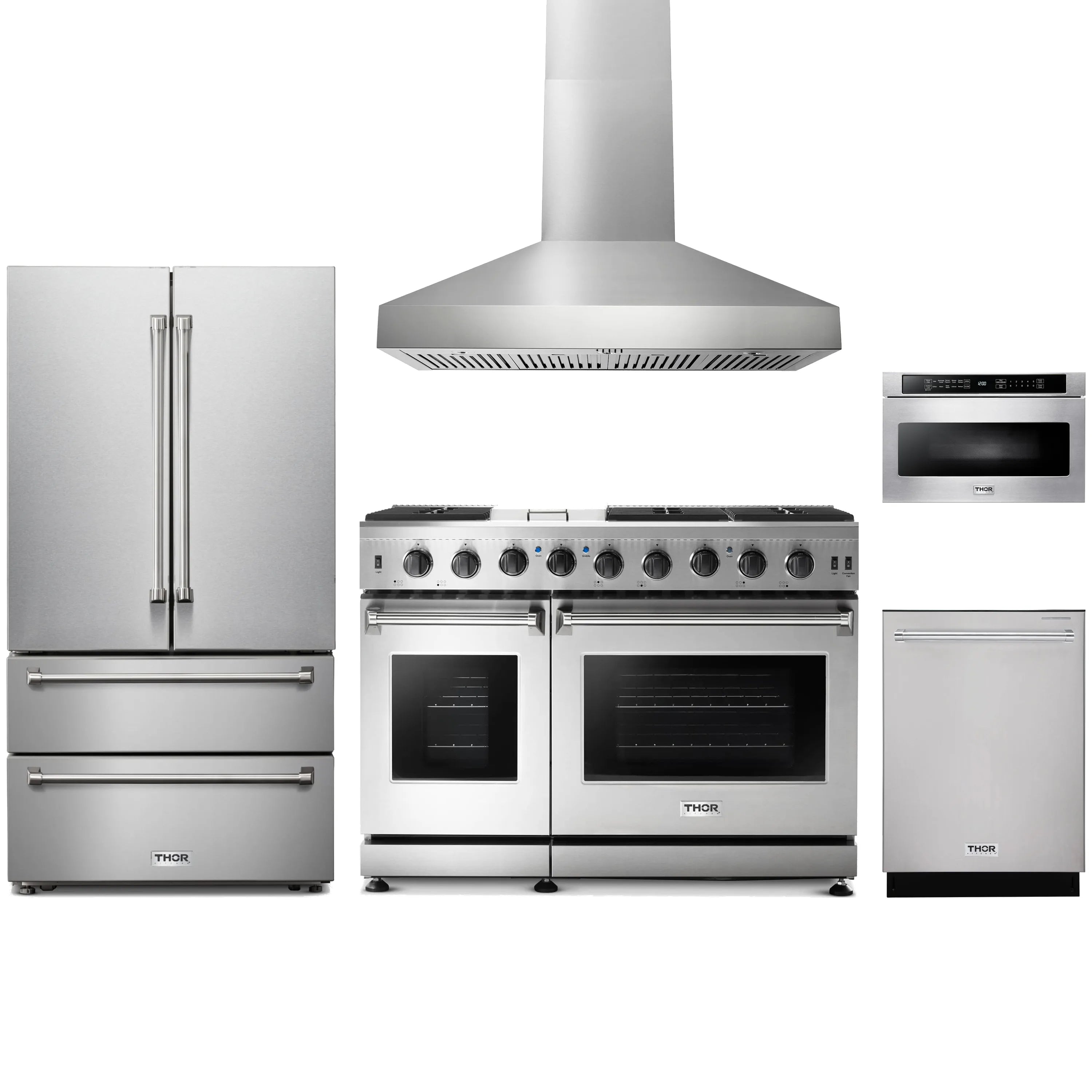 Stainless steel propane gas range with double ovens, front view under wall hood