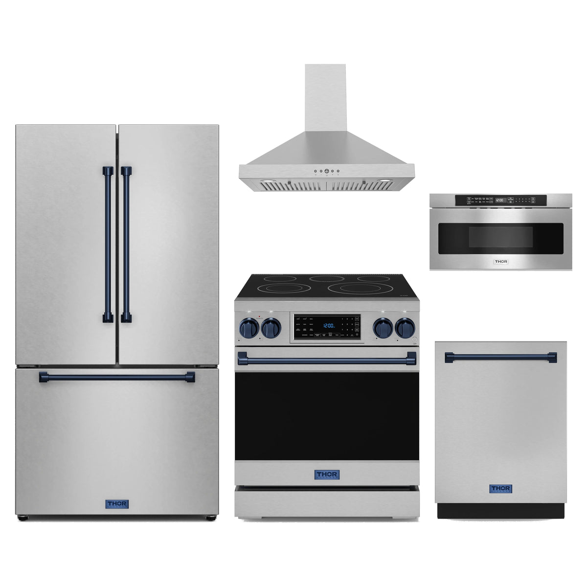 Gordon Ramsay by Thor Kitchen 5-Piece Appliance Package - 30-Inch Electric Range with Tilt Panel, Counter-Depth Refrigerator, Wall Mount Hood, Dishwasher, & Microwave Drawer in Stainless Steel with Blue Trim