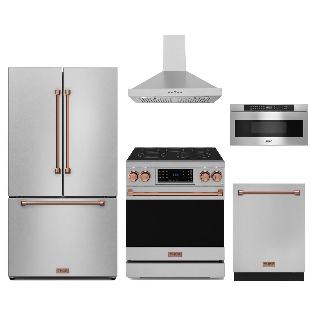 Gordon Ramsay by Thor Kitchen 5-Piece Appliance Package - 30-Inch Electric Range with Tilt Panel, Counter-Depth Refrigerator, Wall Mount Hood, Dishwasher, & Microwave Drawer in Stainless Steel with Rose Gold Trim