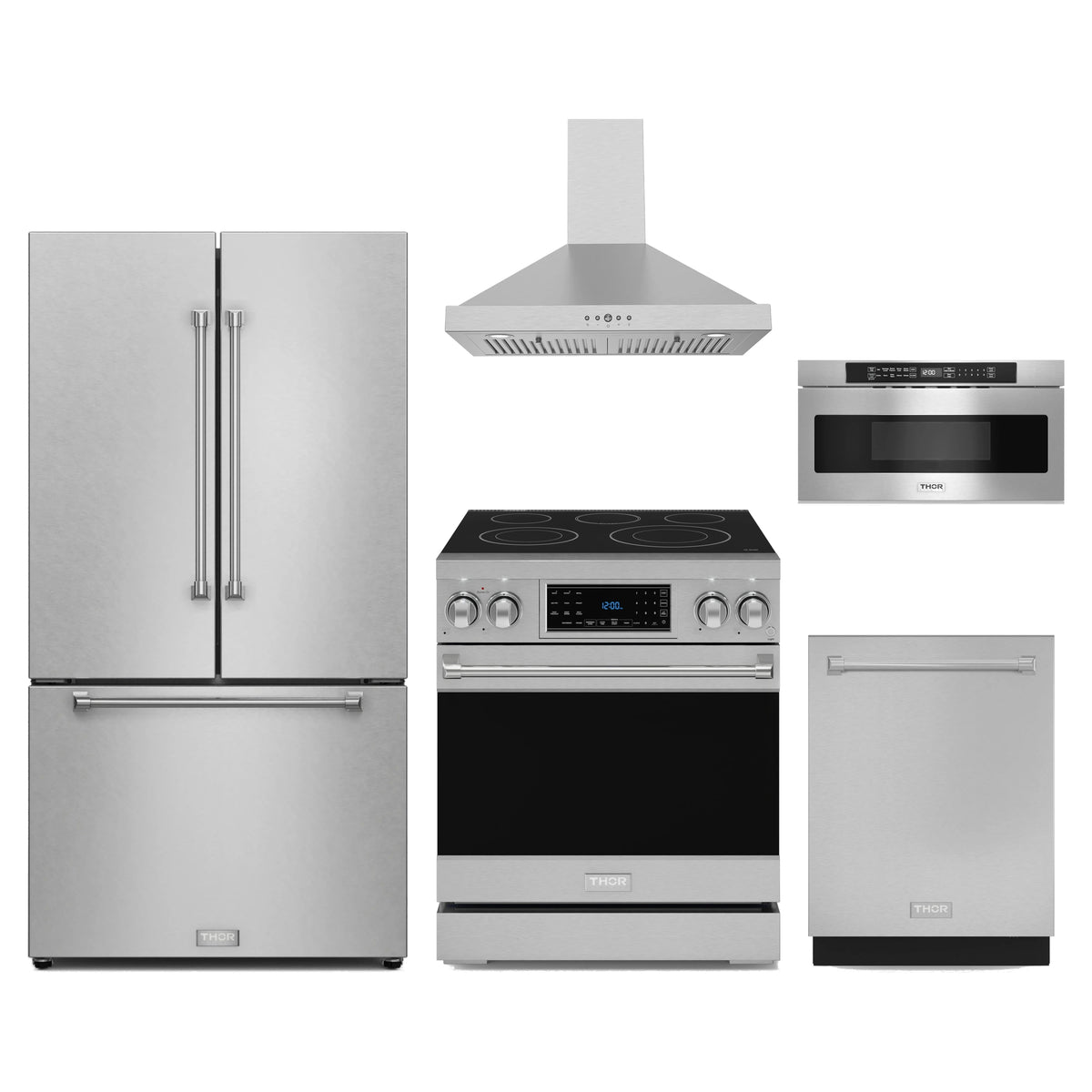 Gordon Ramsay by Thor Kitchen 5-Piece Appliance Package - 30-Inch Electric Range with Tilt Panel, Counter-Depth Refrigerator, Wall Mount Hood, Dishwasher, & Microwave Drawer in Stainless Steel