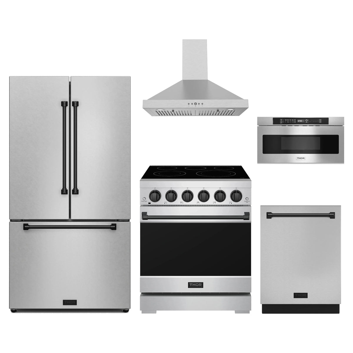 Gordon Ramsay by Thor Kitchen 5-Piece Appliance Package - 30-Inch Electric Range, Counter-Depth Refrigerator, Wall Mount Hood, Dishwasher, & Microwave Drawer in Stainless Steel with Black Trim