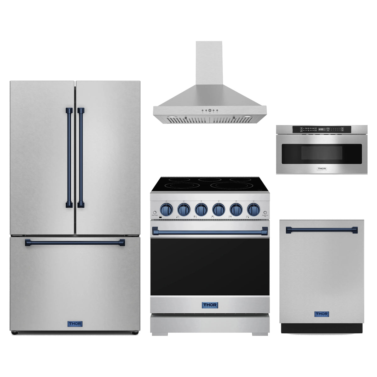 Gordon Ramsay by Thor Kitchen 5-Piece Appliance Package - 30-Inch Electric Range, Counter-Depth Refrigerator, Wall Mount Hood, Dishwasher, & Microwave Drawer in Stainless Steel with Blue Trim