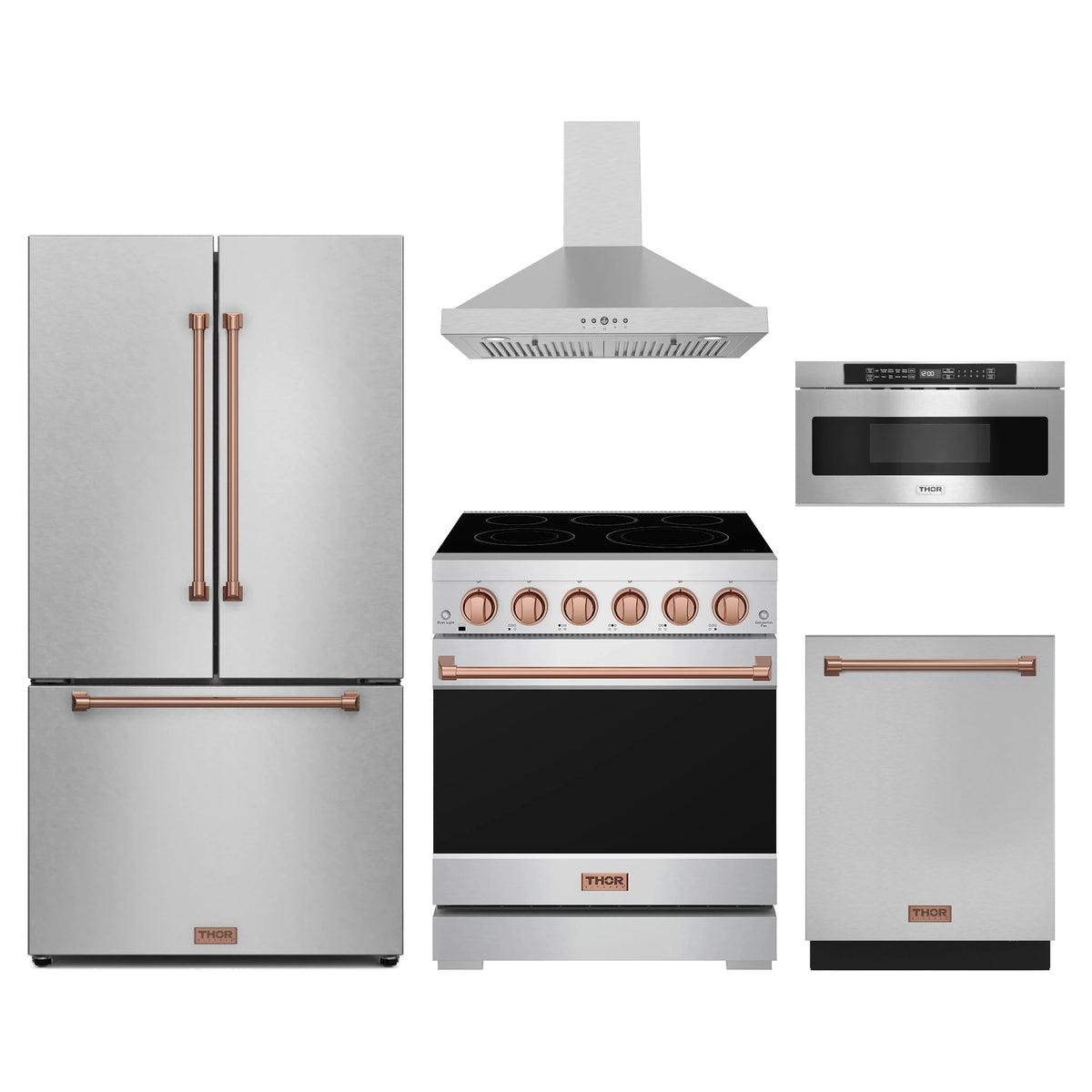 Gordon Ramsay by Thor Kitchen 5-Piece Appliance Package - 30-Inch Electric Range, Counter-Depth Refrigerator, Wall Mount Hood, Dishwasher, & Microwave Drawer in Stainless Steel with Rose Gold Trim