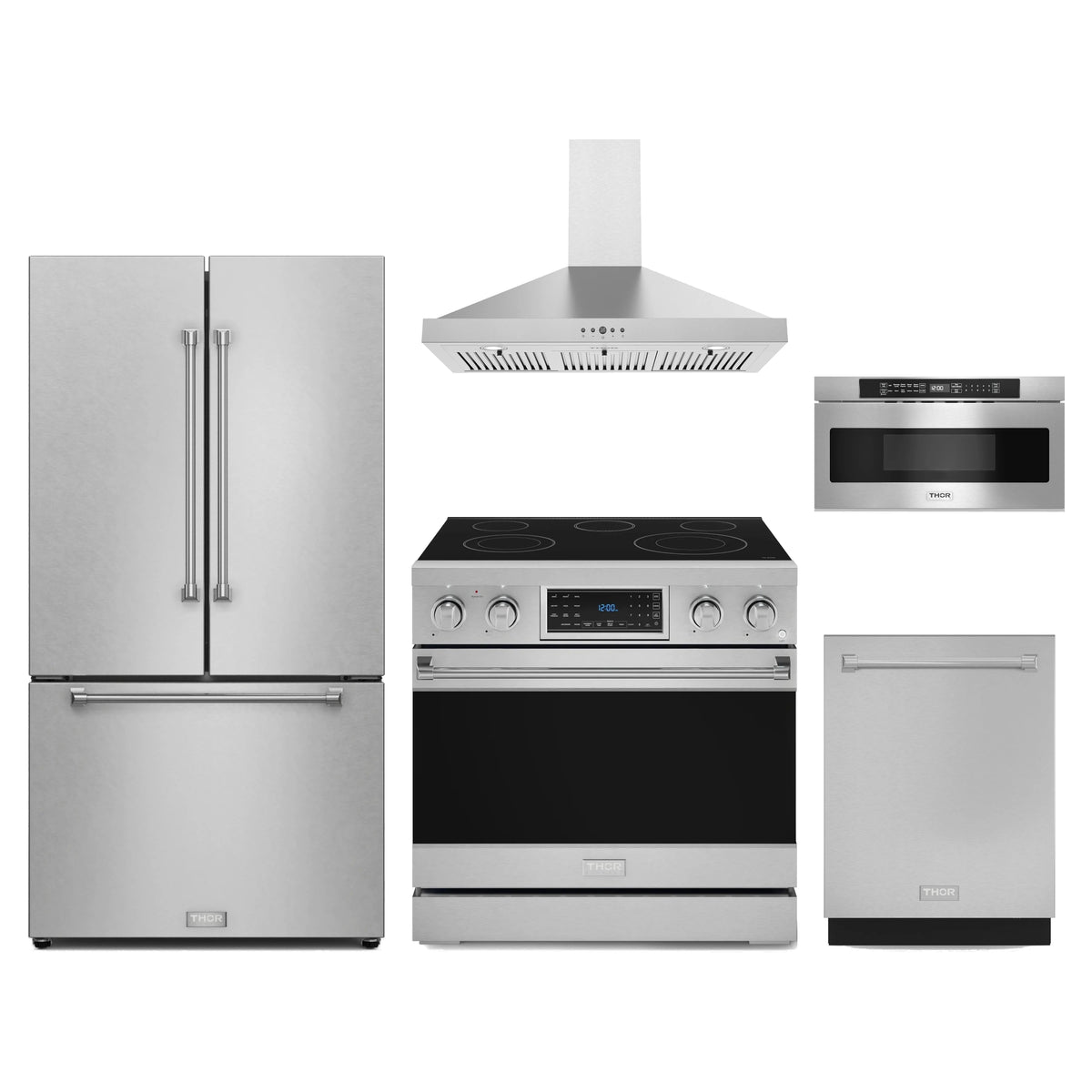 Gordon Ramsay by Thor Kitchen 5-Piece Appliance Package - 36-Inch Electric Range with Tilt Panel, Counter-Depth Refrigerator, Wall Mount Hood, Dishwasher, & Microwave Drawer in Stainless Steel