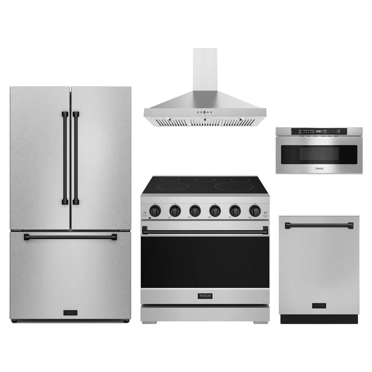 Gordon Ramsay by Thor Kitchen 5-Piece Appliance Package - 36-Inch Electric Range, Counter-Depth Refrigerator, Wall Mount Hood, Dishwasher, & Microwave Drawer in Stainless Steel with Black Trim