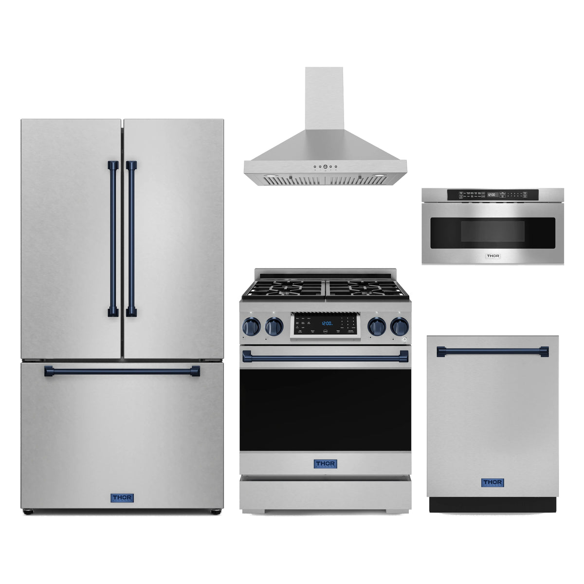 Gordon Ramsay by Thor Kitchen 5-Piece Appliance Package - 30-Inch Natural Gas Range with Tilt Panel, Counter-Depth Refrigerator, Wall Mount Hood, Dishwasher, & Microwave Drawer in Stainless Steel with Blue Trim
