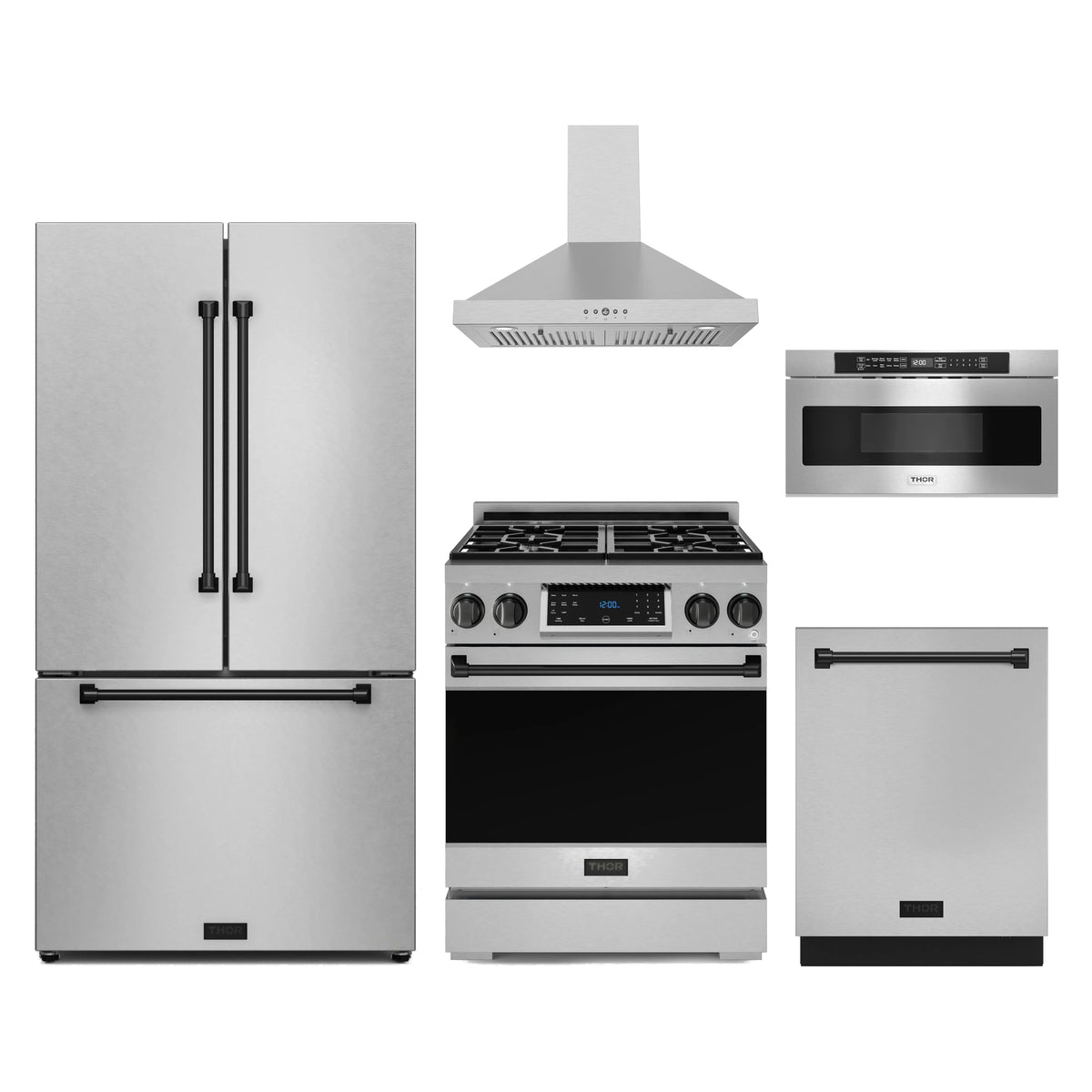 Gordon Ramsay by Thor Kitchen 5-Piece Appliance Package - 30-Inch Propane Gas Range with Tilt Panel, Counter-Depth Refrigerator, Wall Mount Hood, Dishwasher, & Microwave Drawer in Stainless Steel with Black Trim
