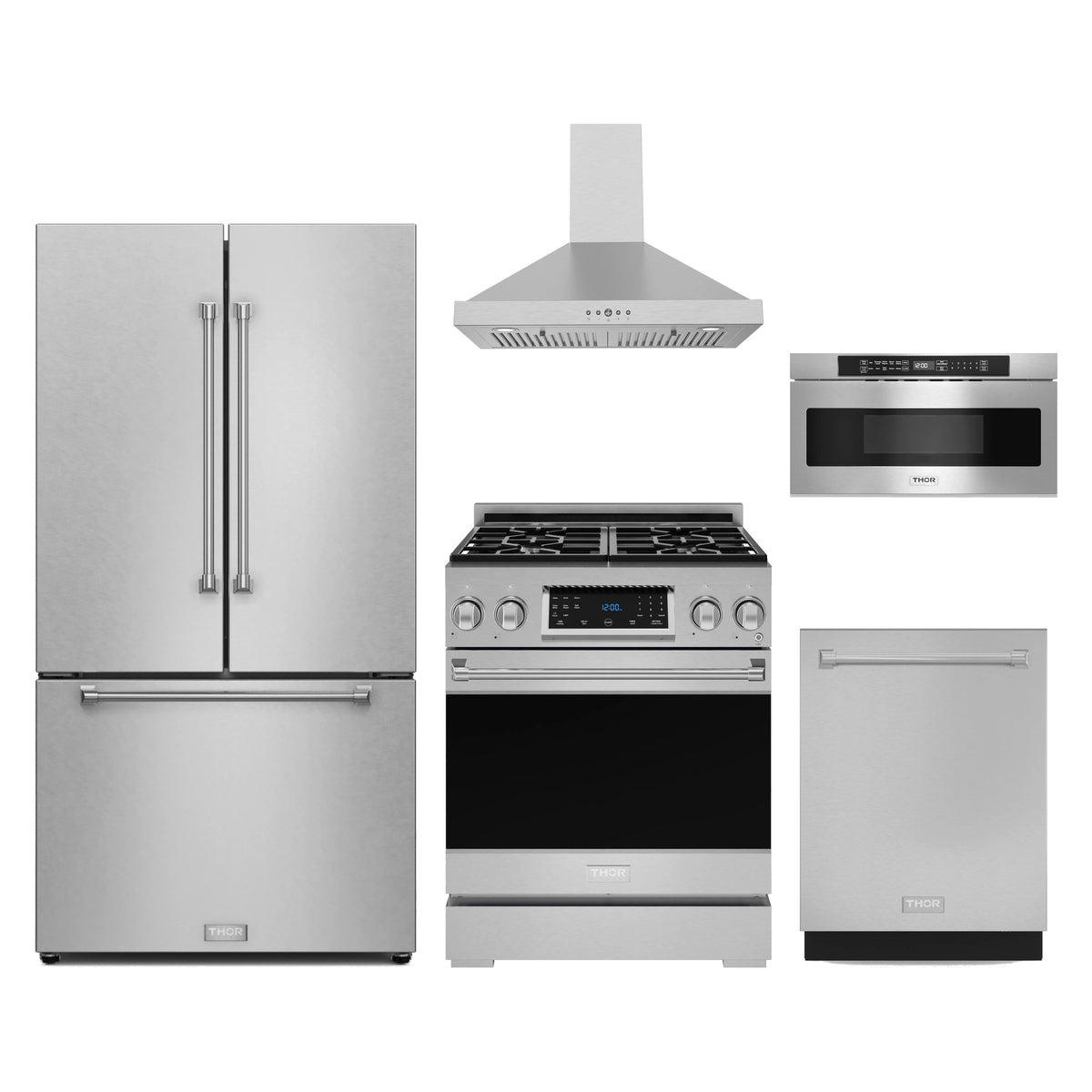 Gordon Ramsay by Thor Kitchen 5-Piece Appliance Package - 30-Inch Propane Gas Range with Tilt Panel, Counter-Depth Refrigerator, Wall Mount Hood, Dishwasher, & Microwave Drawer in Stainless Steel