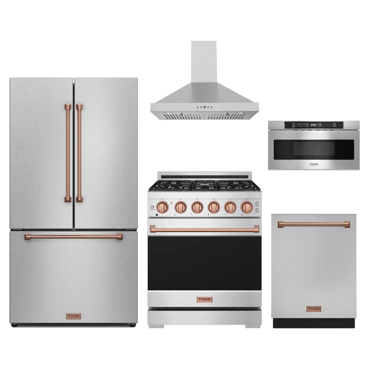 Gordon Ramsay by Thor Kitchen 5-Piece Appliance Package - 30-Inch Natural Gas Range, Counter-Depth Refrigerator, Wall Mount Hood, Dishwasher, & Microwave Drawer in Stainless Steel with Rose Gold Trim