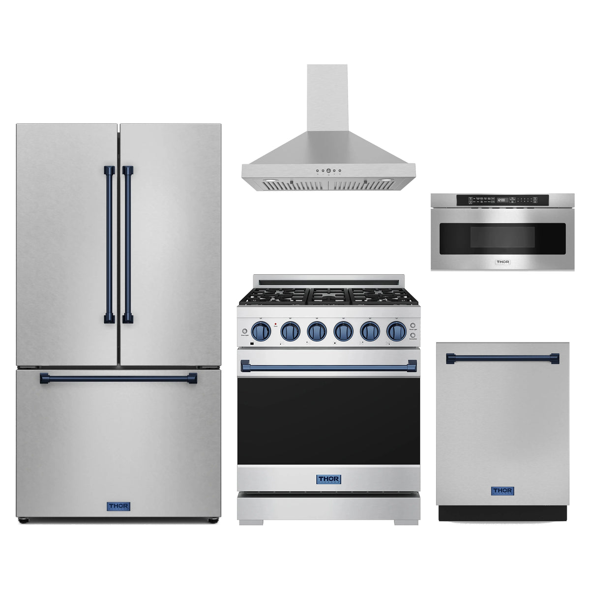 Gordon Ramsay by Thor Kitchen 5-Piece Appliance Package - 30-Inch Propane Gas Range, Counter-Depth Refrigerator, Wall Mount Hood, Dishwasher, & Microwave Drawer in Stainless Steel with Blue Trim